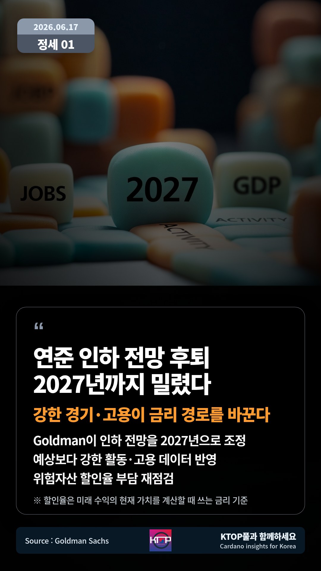 Goldman이 인하 전망을 2027년으로 조정 — 예상보다 강한 활동·고용 데이터 반영