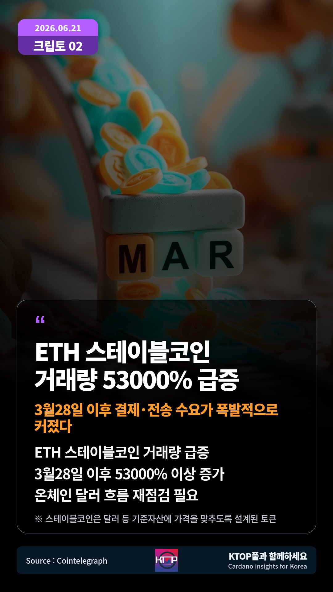 ETH 스테이블코인 거래량 급증 — 3월28일 이후 53000% 이상 증가