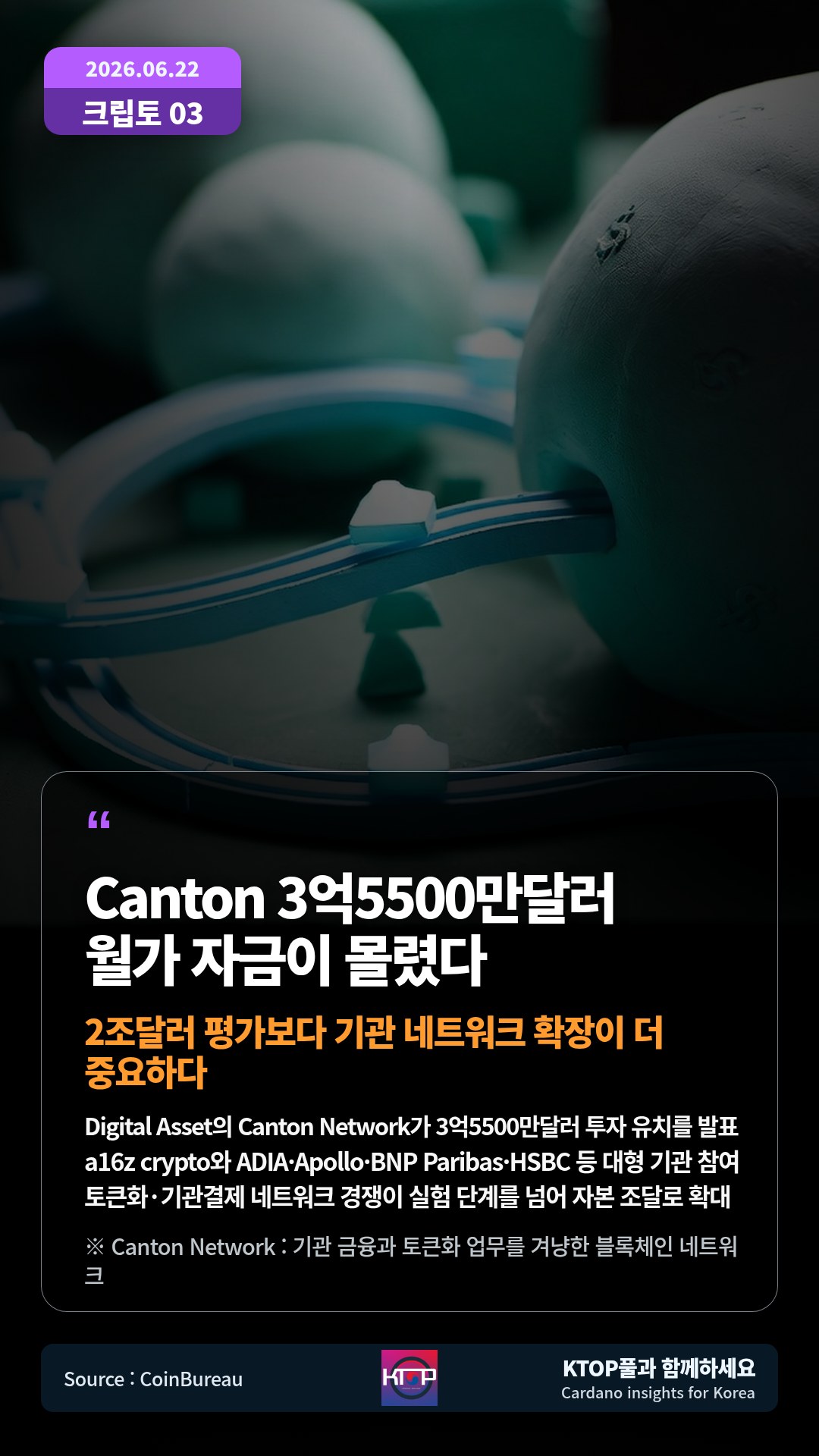 Digital Asset의 Canton Network가 3억5500만달러 투자 유치를 발표 — a16z crypto와 ADIA·Apollo·BNP Paribas·HSBC 등 대형 기관 참여