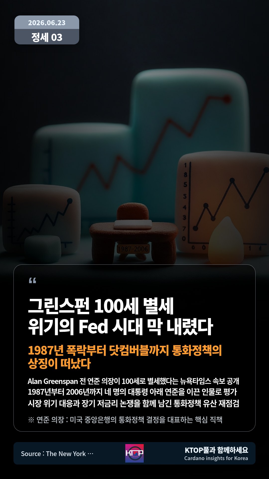 Alan Greenspan 전 연준 의장이 100세로 별세했다는 뉴욕타임스 속보 공개 — 1987년부터 2006년까지 네 명의 대통령 아래 연준을 이끈 인물로 평가
