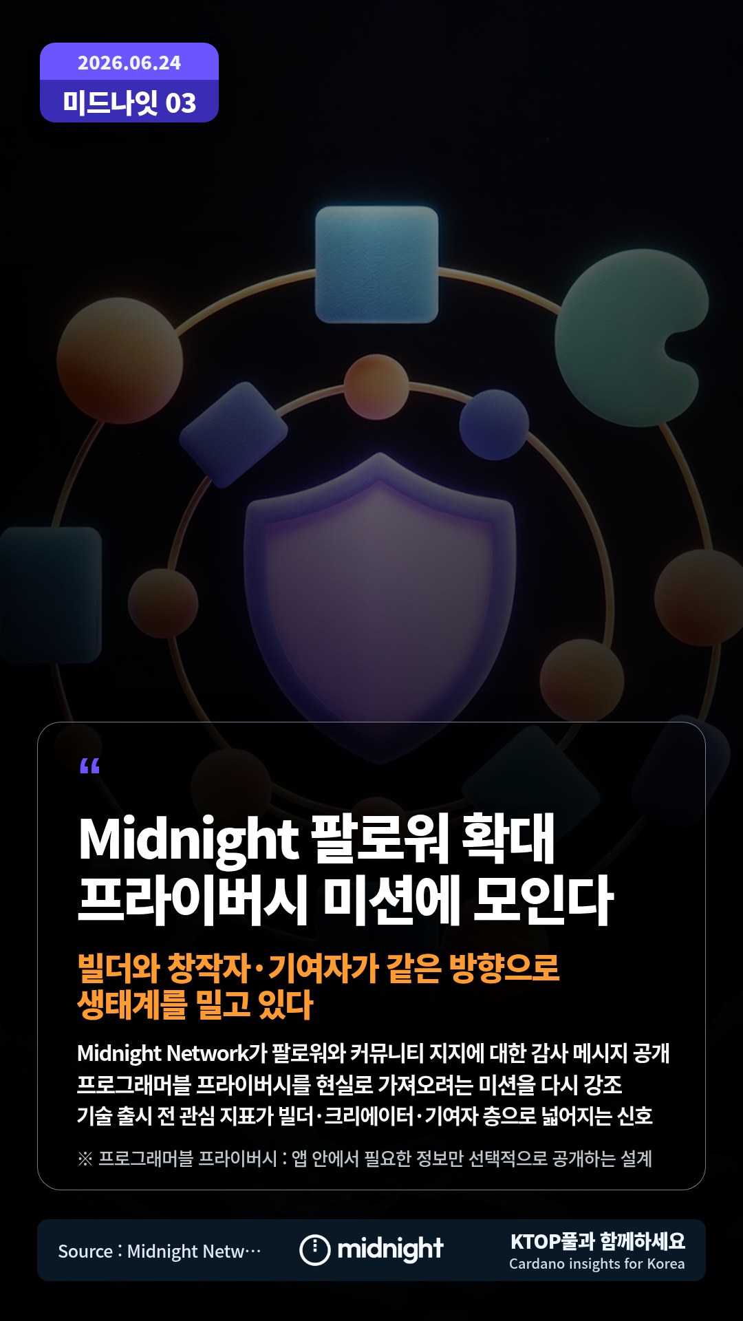 Midnight Network가 팔로워와 커뮤니티 지지에 대한 감사 메시지 공개 — 프로그래머블 프라이버시를 현실로 가져오려는 미션을 다시 강조