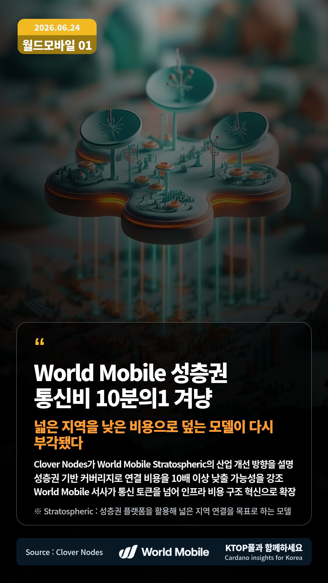 Clover Nodes가 World Mobile Stratospheric의 산업 개선 방향을 설명 — 성층권 기반 커버리지로 연결 비용을 10배 이상 낮출 가능성을 강조