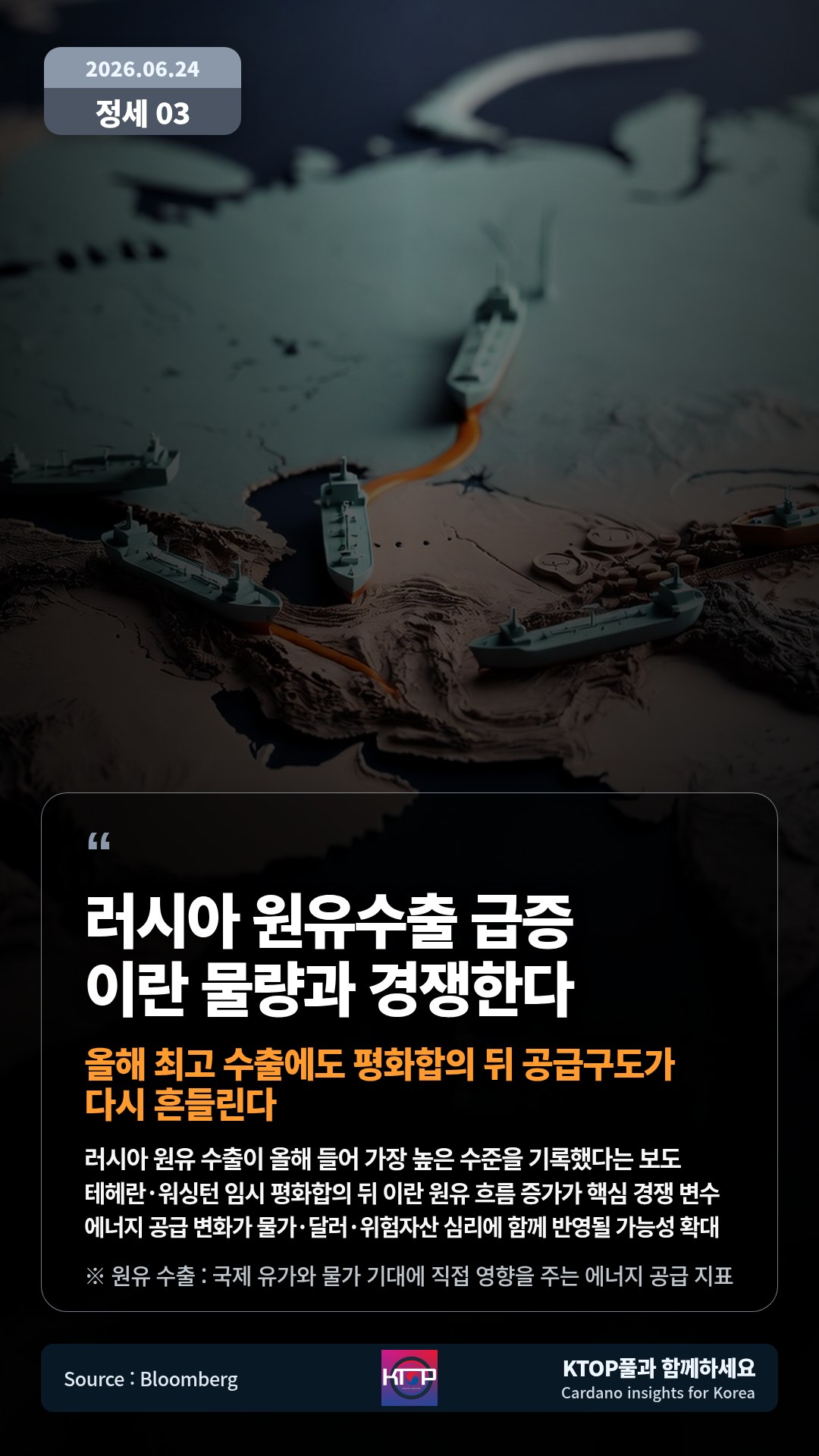 러시아 원유 수출이 올해 들어 가장 높은 수준을 기록했다는 보도 — 테헤란·워싱턴 임시 평화합의 뒤 이란 원유 흐름 증가가 핵심 경쟁 변수