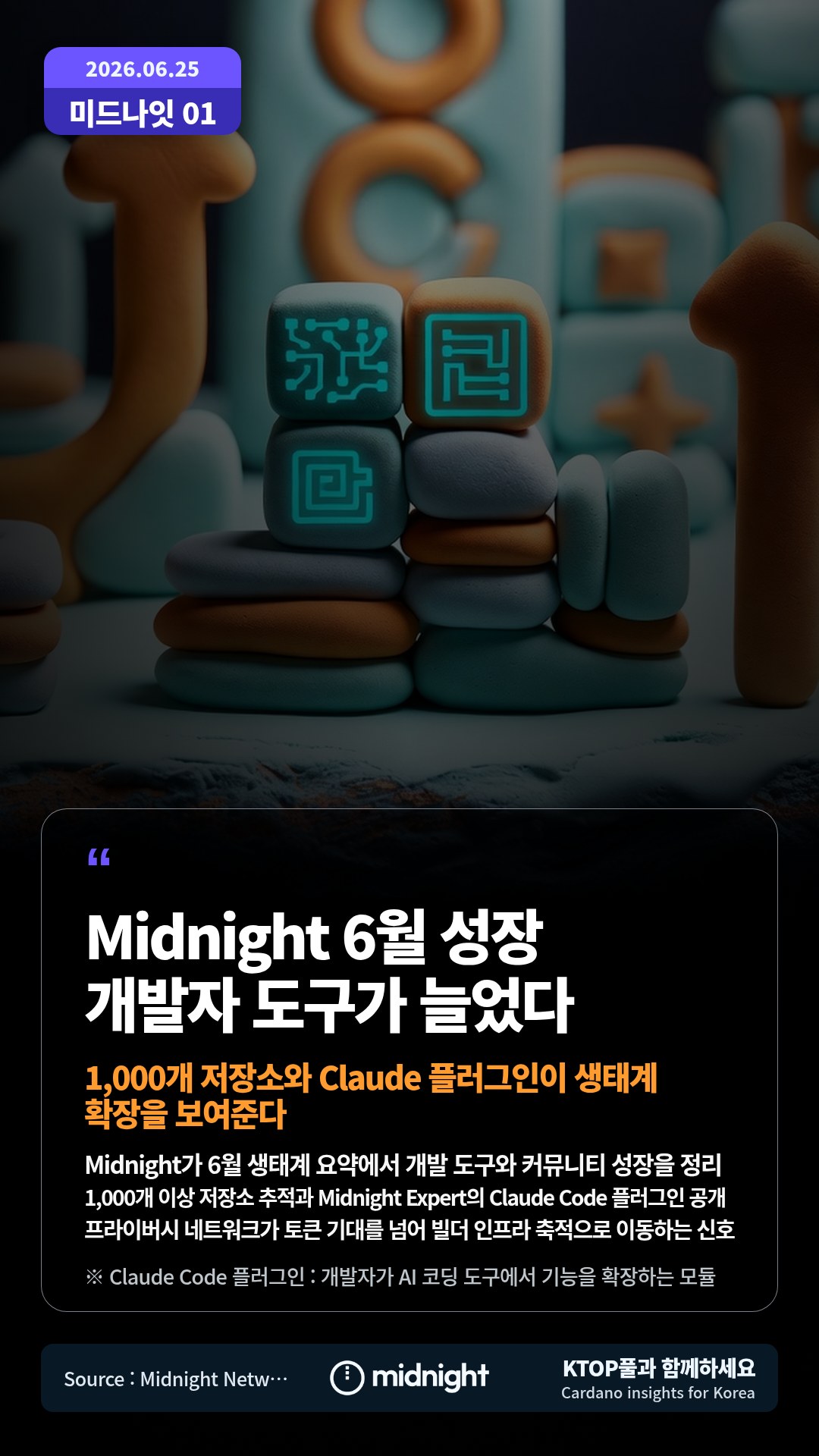 Midnight가 6월 생태계 요약에서 개발 도구와 커뮤니티 성장을 정리 — 1,000개 이상 저장소 추적과 Midnight Expert의 Claude Code 플러그인 공개