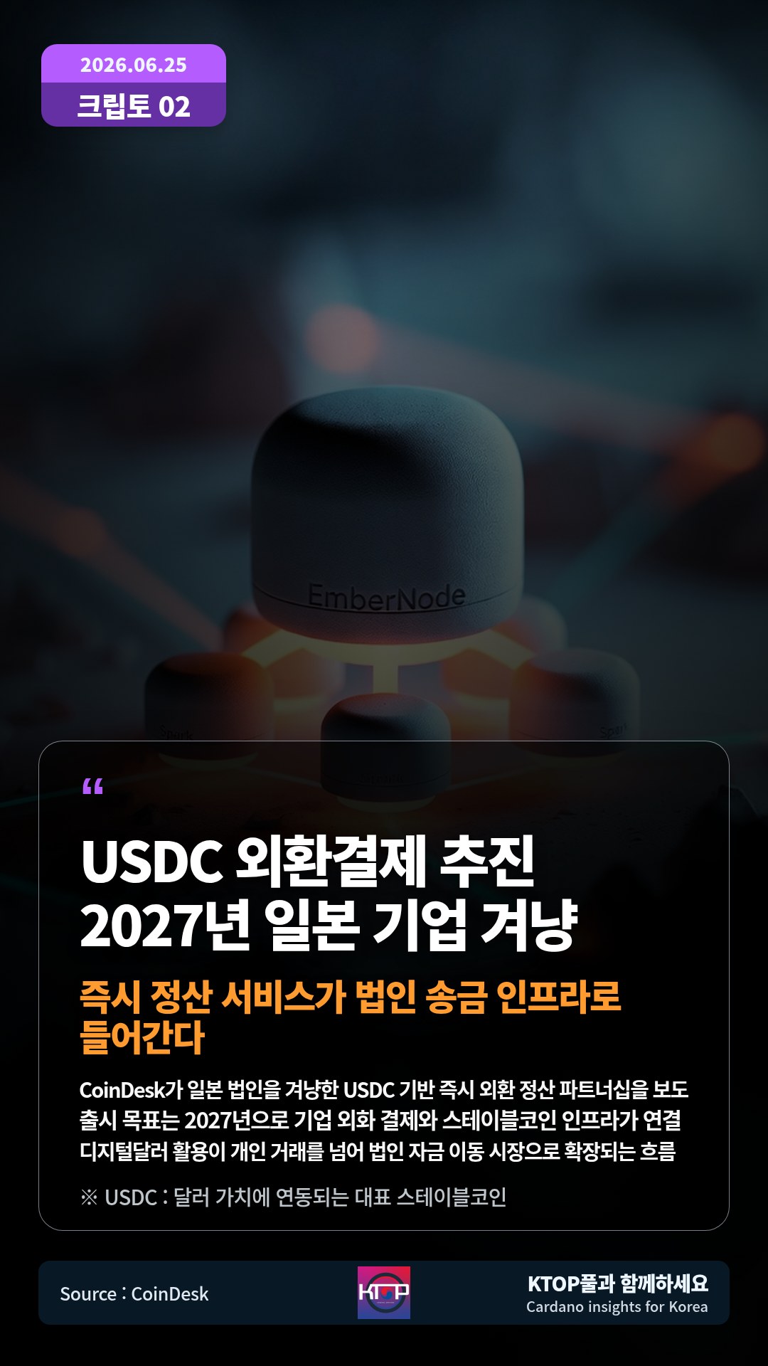 CoinDesk가 일본 법인을 겨냥한 USDC 기반 즉시 외환 정산 파트너십을 보도 — 출시 목표는 2027년으로 기업 외화 결제와 스테이블코인 인프라가 연결