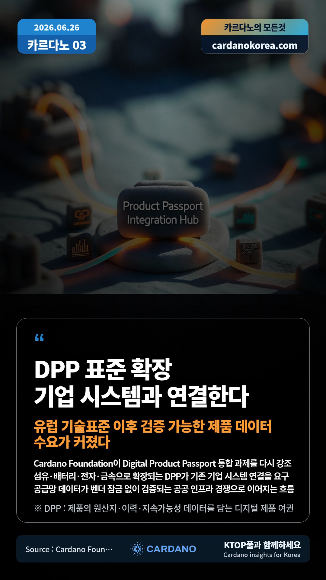 Cardano Foundation이 Digital Product Passport 통합 과제를 다시 강조 — 섬유·배터리·전자·금속으로 확장되는 DPP가 기존 기업 시스템 연결을 요구