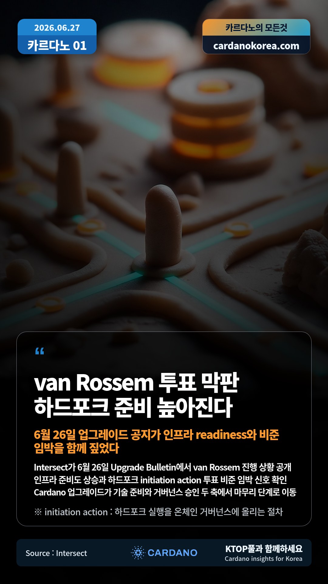 Intersect가 6월 26일 Upgrade Bulletin에서 van Rossem 진행 상황 공개 — 인프라 준비도 상승과 하드포크 initiation action 투표 비준 임박 신호 확인