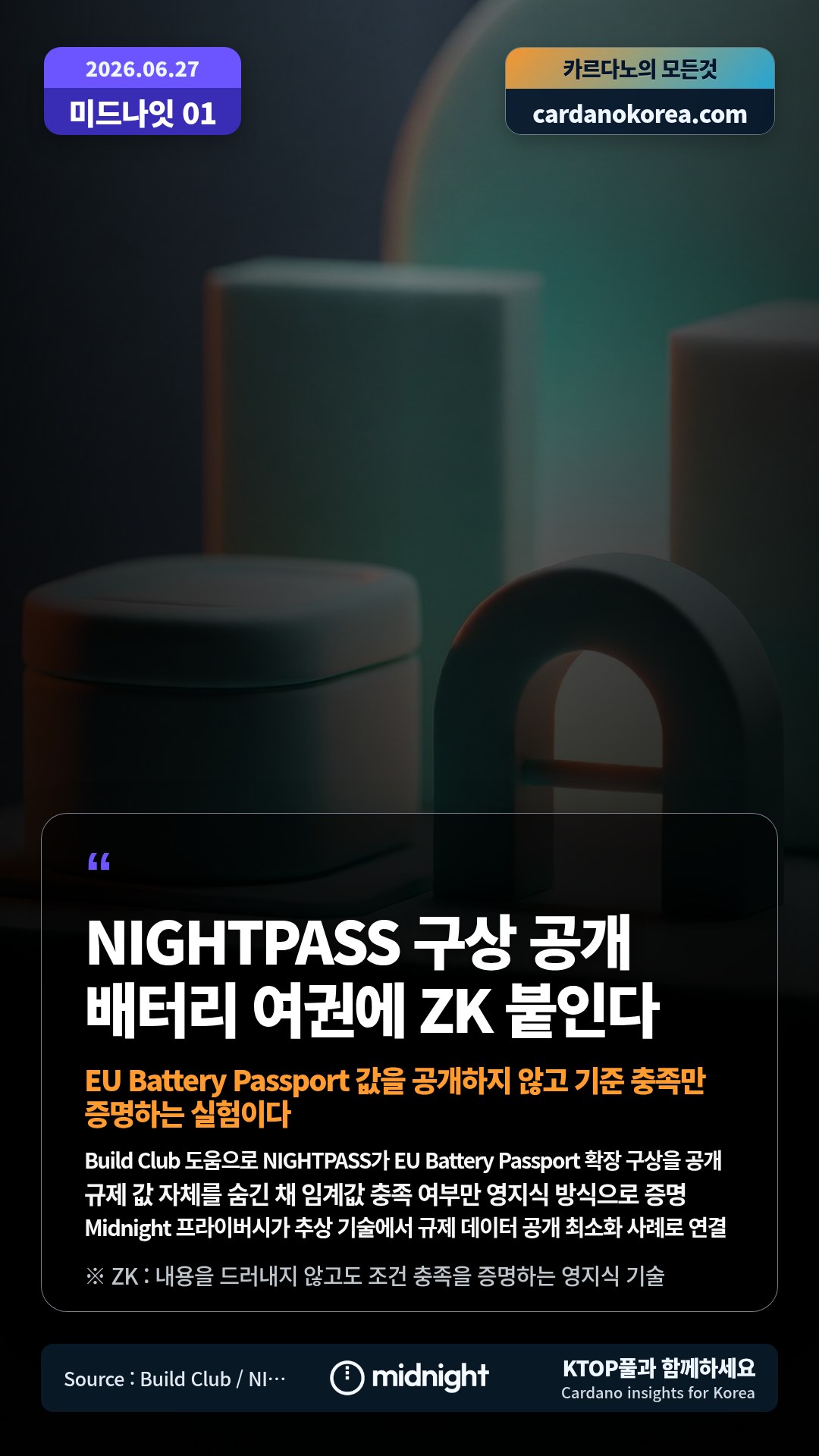 Build Club 도움으로 NIGHTPASS가 EU Battery Passport 확장 구상을 공개 — 규제 값 자체를 숨긴 채 임계값 충족 여부만 영지식 방식으로 증명
