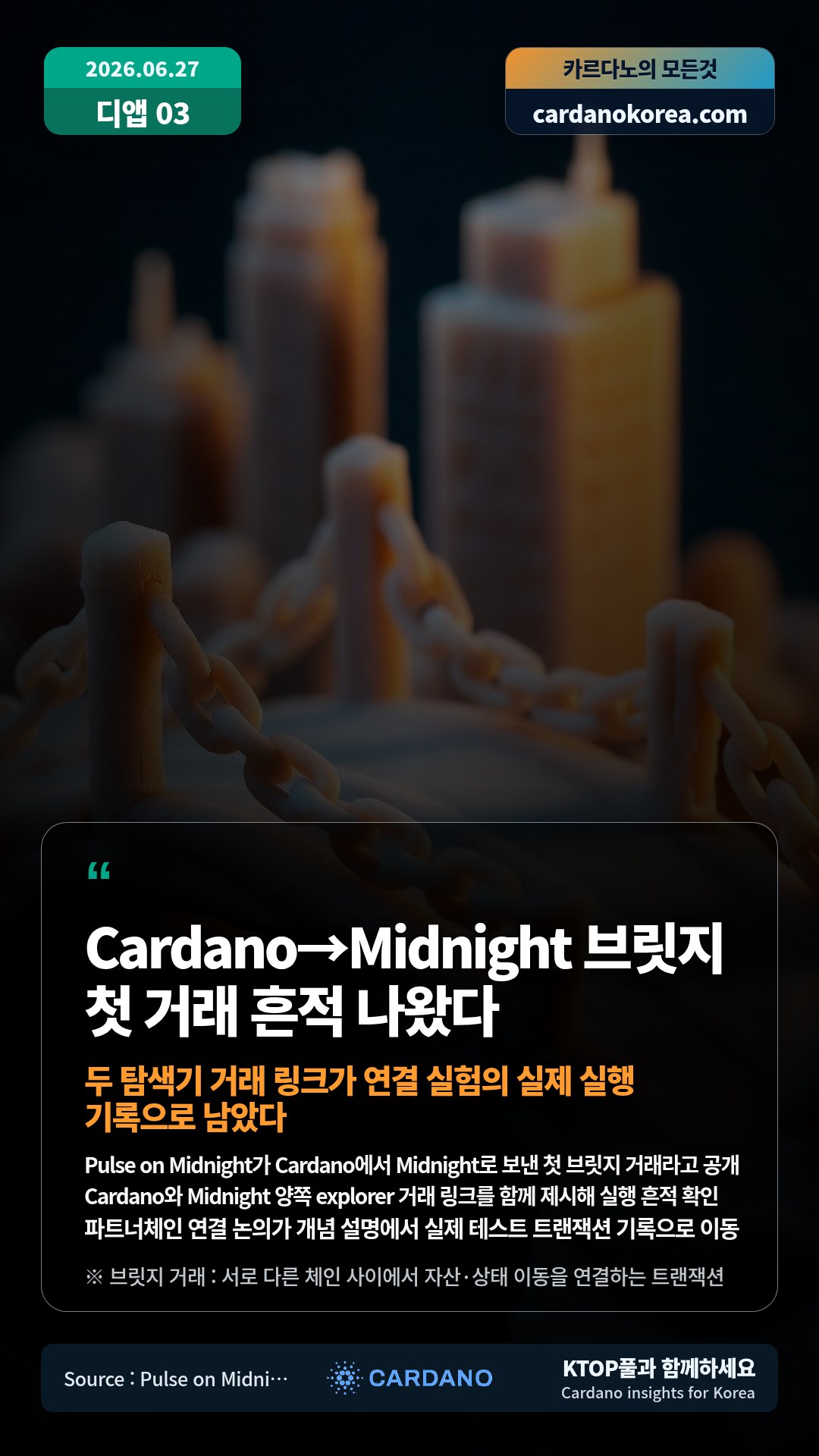 Pulse on Midnight가 Cardano에서 Midnight로 보낸 첫 브릿지 거래라고 공개 — Cardano와 Midnight 양쪽 explorer 거래 링크를 함께 제시해 실행 흔적 확인