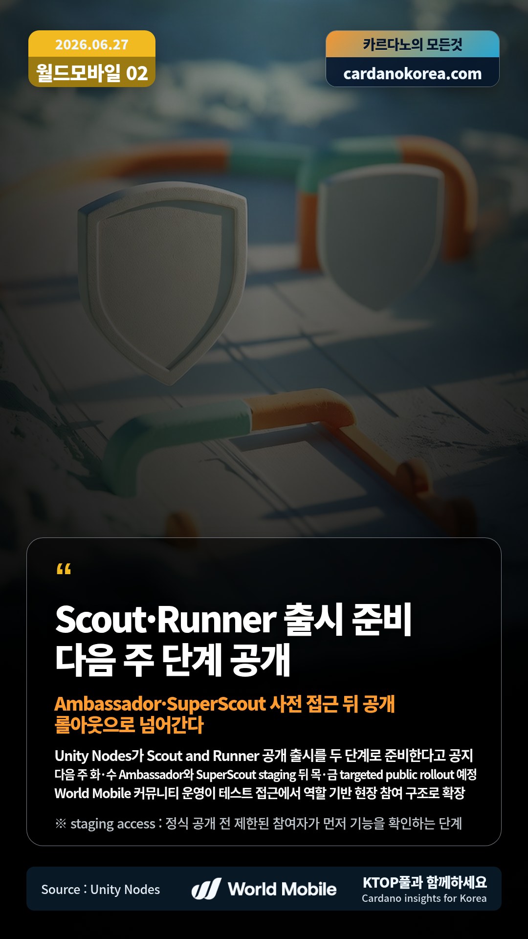 Unity Nodes가 Scout and Runner 공개 출시를 두 단계로 준비한다고 공지 — 다음 주 화·수 Ambassador와 SuperScout staging 뒤 목·금 targeted public rollout 예정
