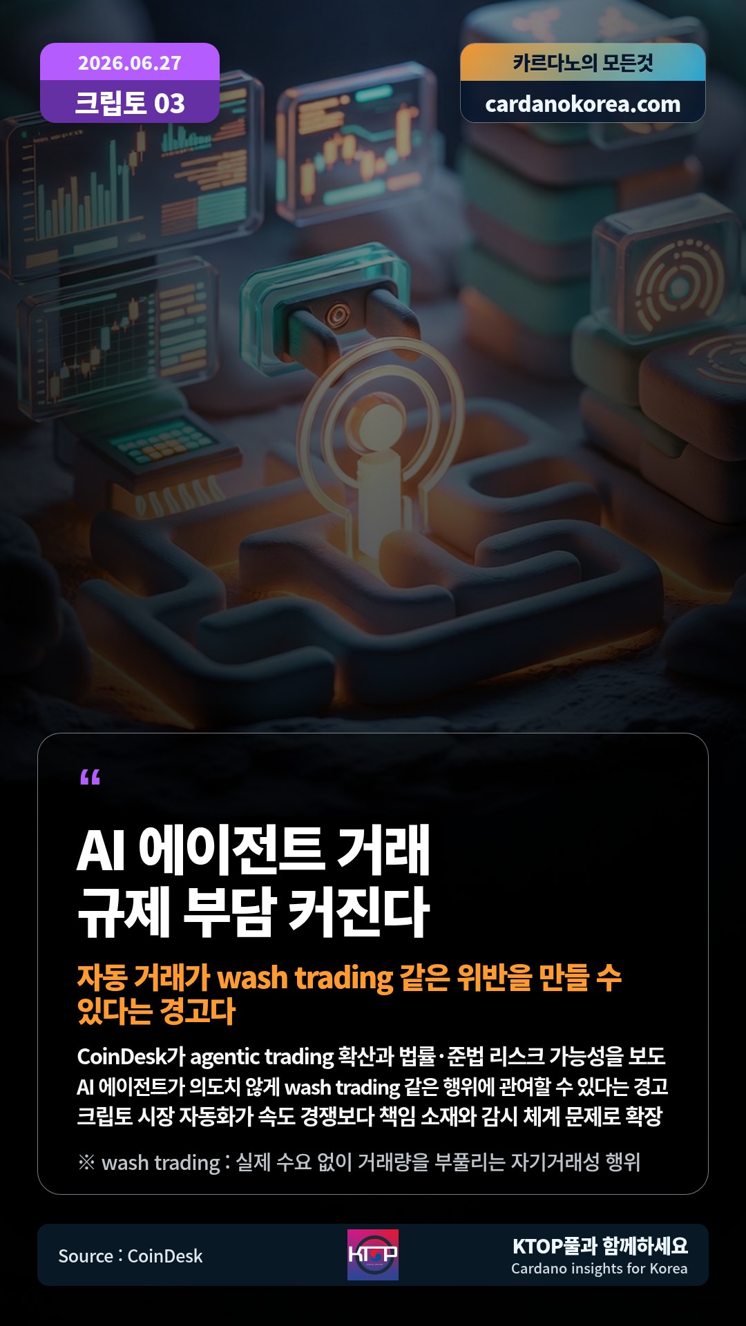 CoinDesk가 agentic trading 확산과 법률·준법 리스크 가능성을 보도 — AI 에이전트가 의도치 않게 wash trading 같은 행위에 관여할 수 있다는 경고
