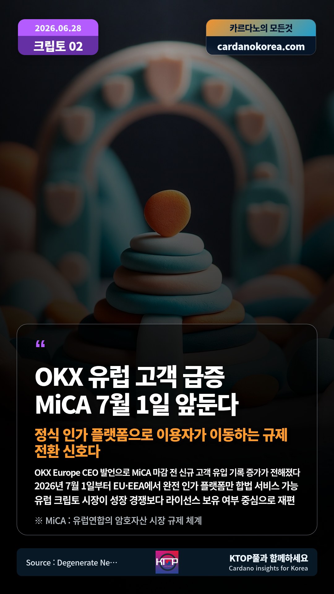 OKX Europe CEO 발언으로 MiCA 마감 전 신규 고객 유입 기록 증가가 전해졌다 — 2026년 7월 1일부터 EU·EEA에서 완전 인가 플랫폼만 합법 서비스 가능