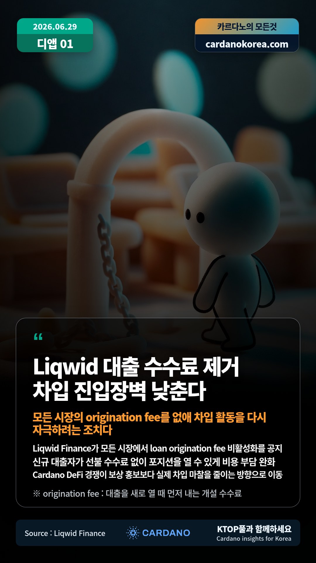 Liqwid Finance가 모든 시장에서 loan origination fee 비활성화를 공지 — 신규 대출자가 선불 수수료 없이 포지션을 열 수 있게 비용 부담 완화