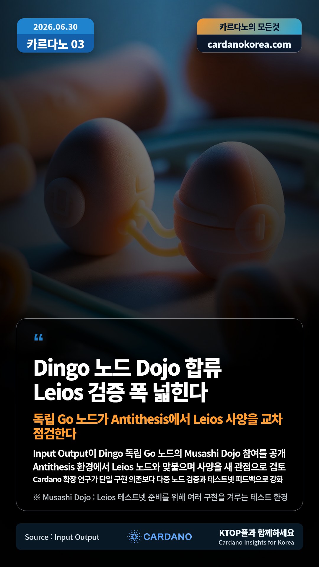 Input Output이 Dingo 독립 Go 노드의 Musashi Dojo 참여를 공개 — Antithesis 환경에서 Leios 노드와 맞붙으며 사양을 새 관점으로 검토