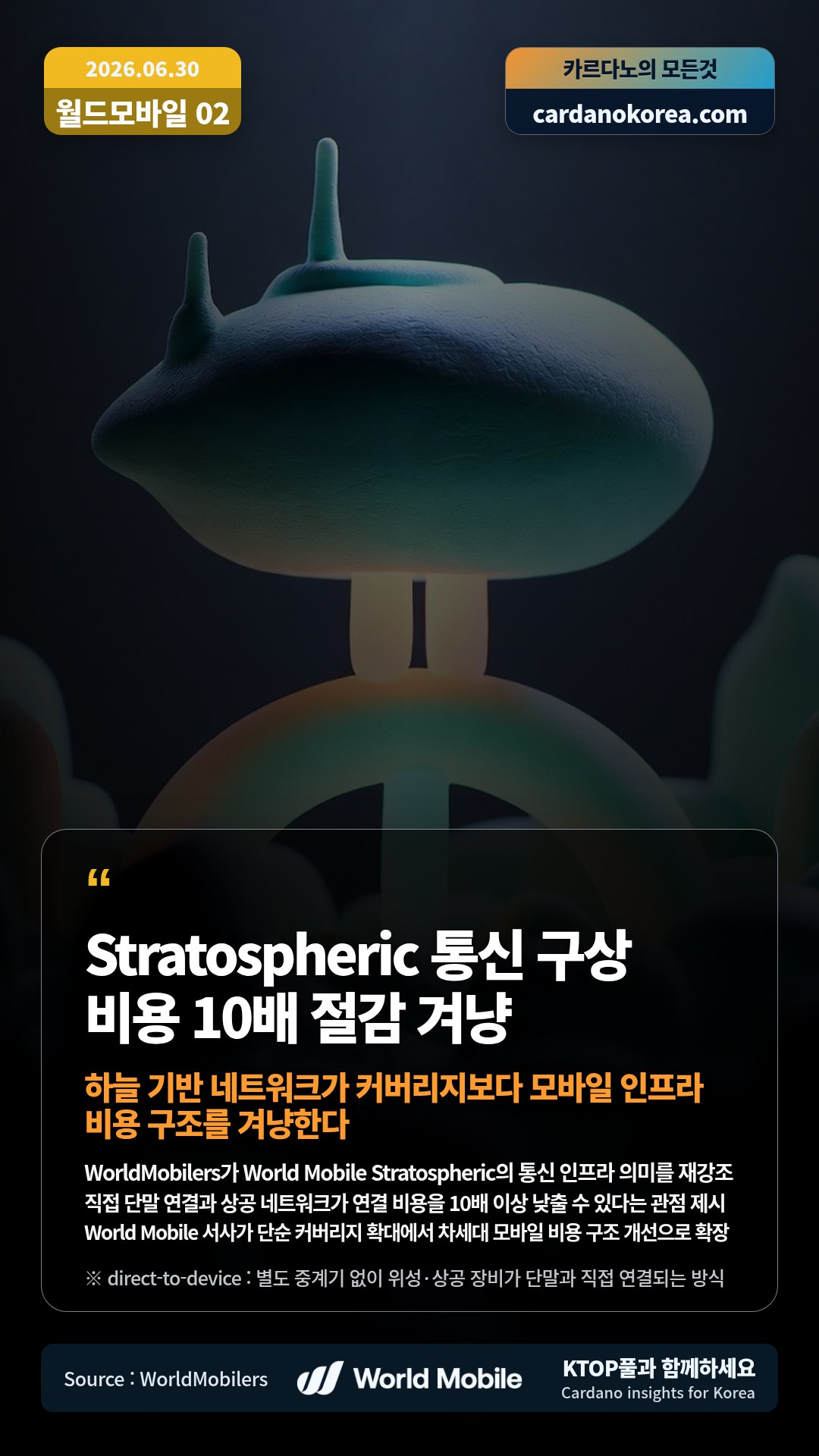 WorldMobilers가 World Mobile Stratospheric의 통신 인프라 의미를 재강조 — 직접 단말 연결과 상공 네트워크가 연결 비용을 10배 이상 낮출 수 있다는 관점 제시