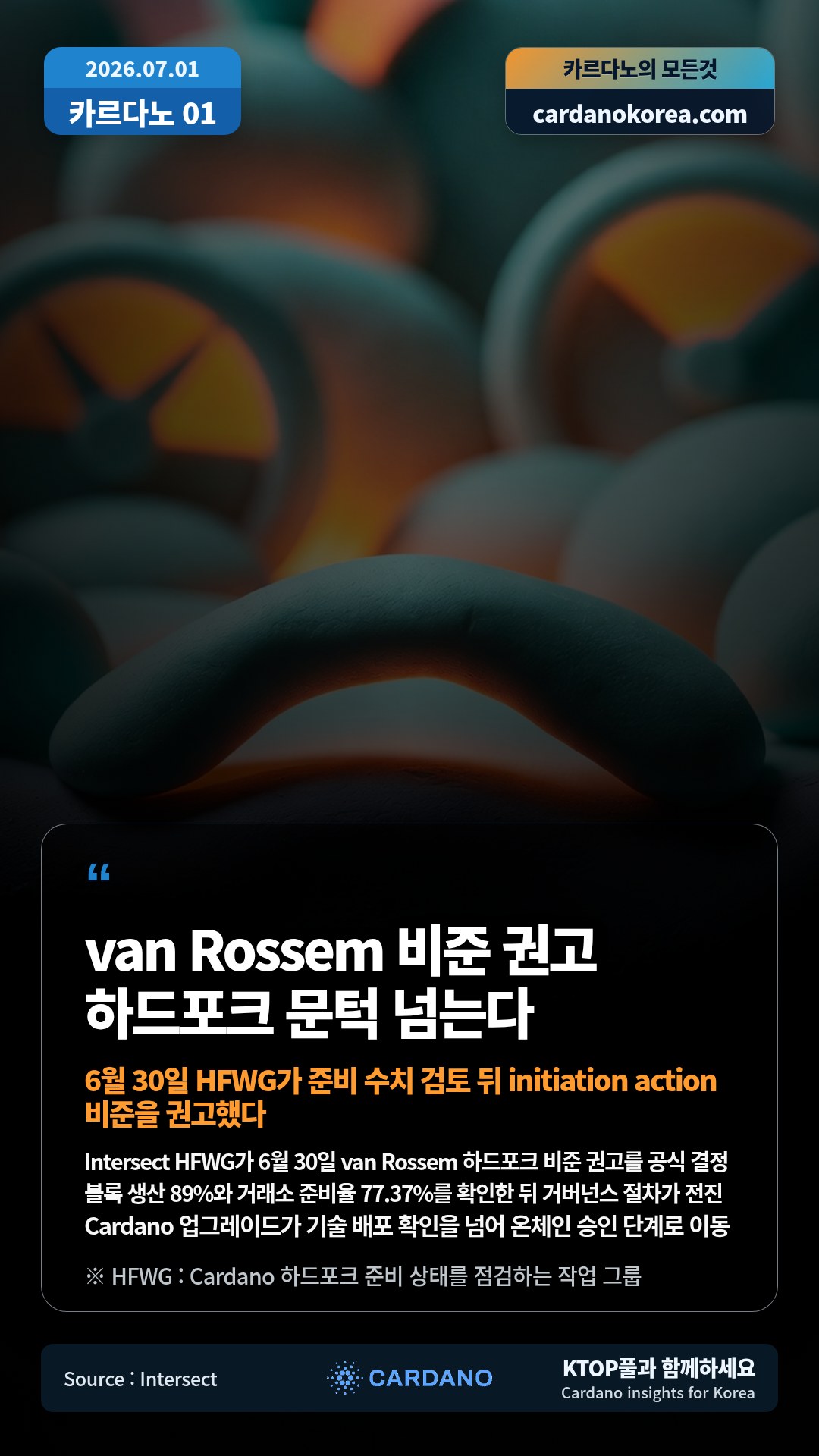 Intersect HFWG가 6월 30일 van Rossem 하드포크 비준 권고를 공식 결정 — 블록 생산 89%와 거래소 준비율 77.37%를 확인한 뒤 거버넌스 절차가 전진