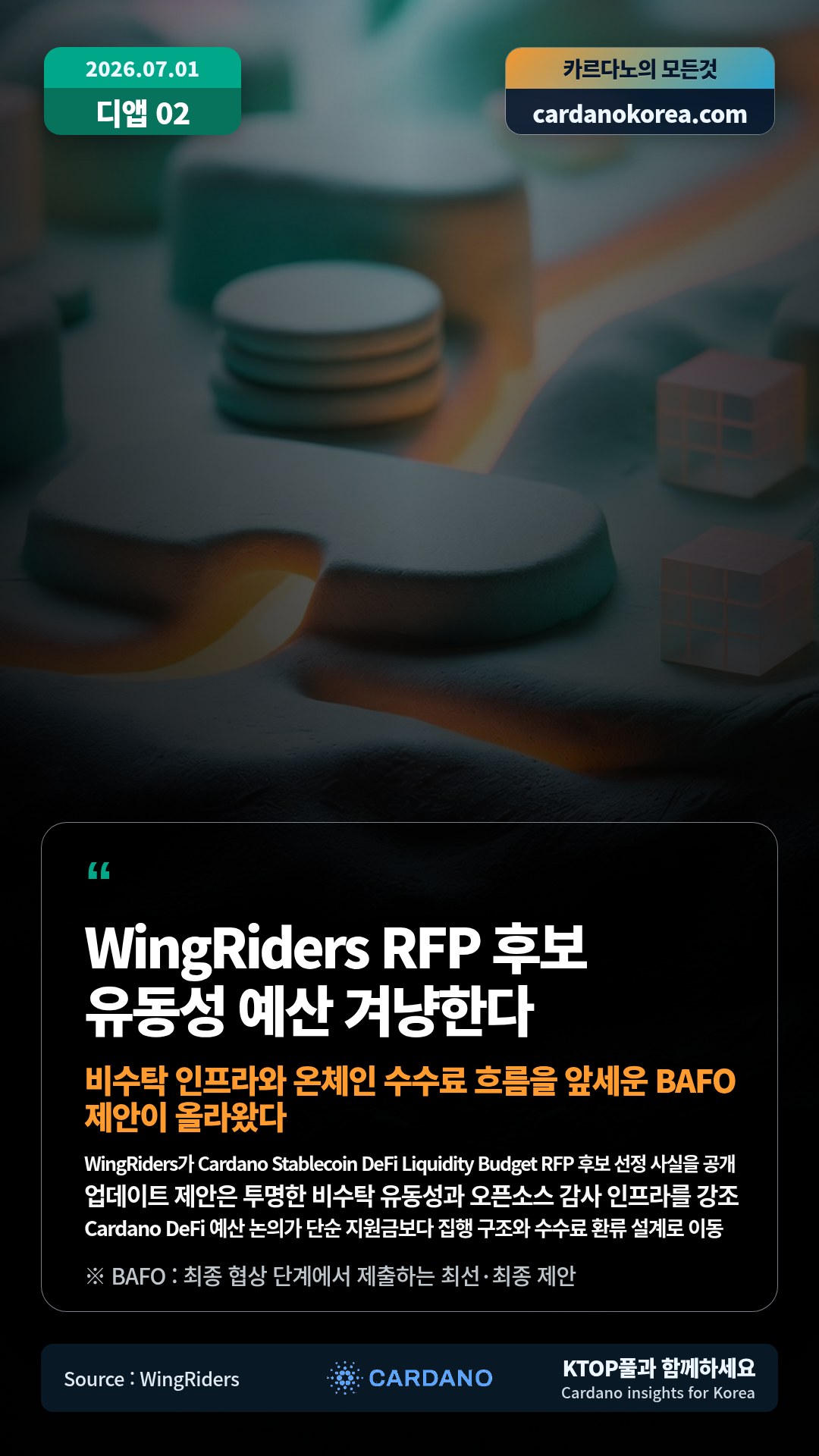 WingRiders가 Cardano Stablecoin DeFi Liquidity Budget RFP 후보 선정 사실을 공개 — 업데이트 제안은 투명한 비수탁 유동성과 오픈소스 감사 인프라를 강조