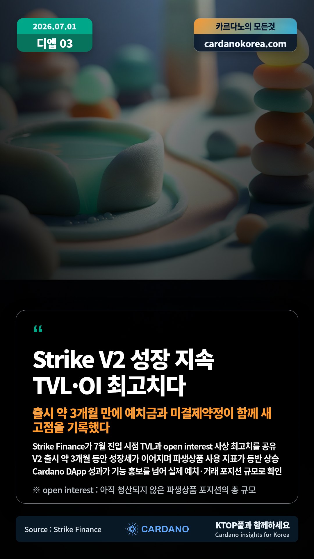Strike Finance가 7월 진입 시점 TVL과 open interest 사상 최고치를 공유 — V2 출시 약 3개월 동안 성장세가 이어지며 파생상품 사용 지표가 동반 상승