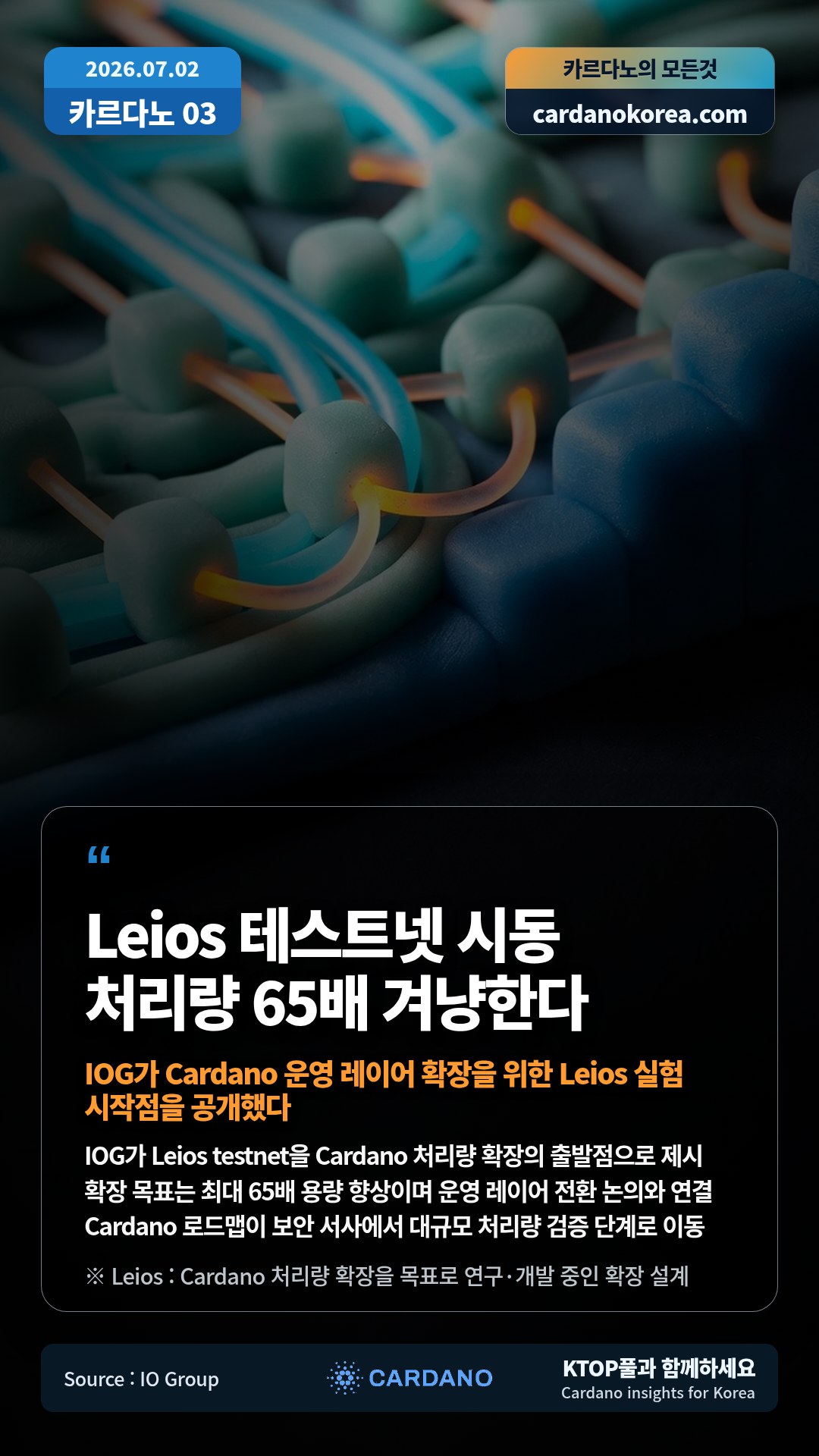 IOG가 Leios testnet을 Cardano 처리량 확장의 출발점으로 제시 — 확장 목표는 최대 65배 용량 향상이며 운영 레이어 전환 논의와 연결