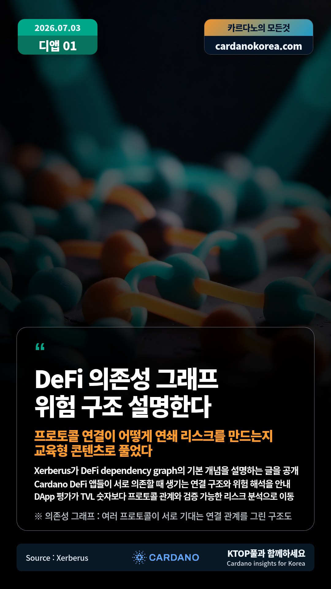 Xerberus가 DeFi dependency graph의 기본 개념을 설명하는 글을 공개 — Cardano DeFi 앱들이 서로 의존할 때 생기는 연결 구조와 위험 해석을 안내