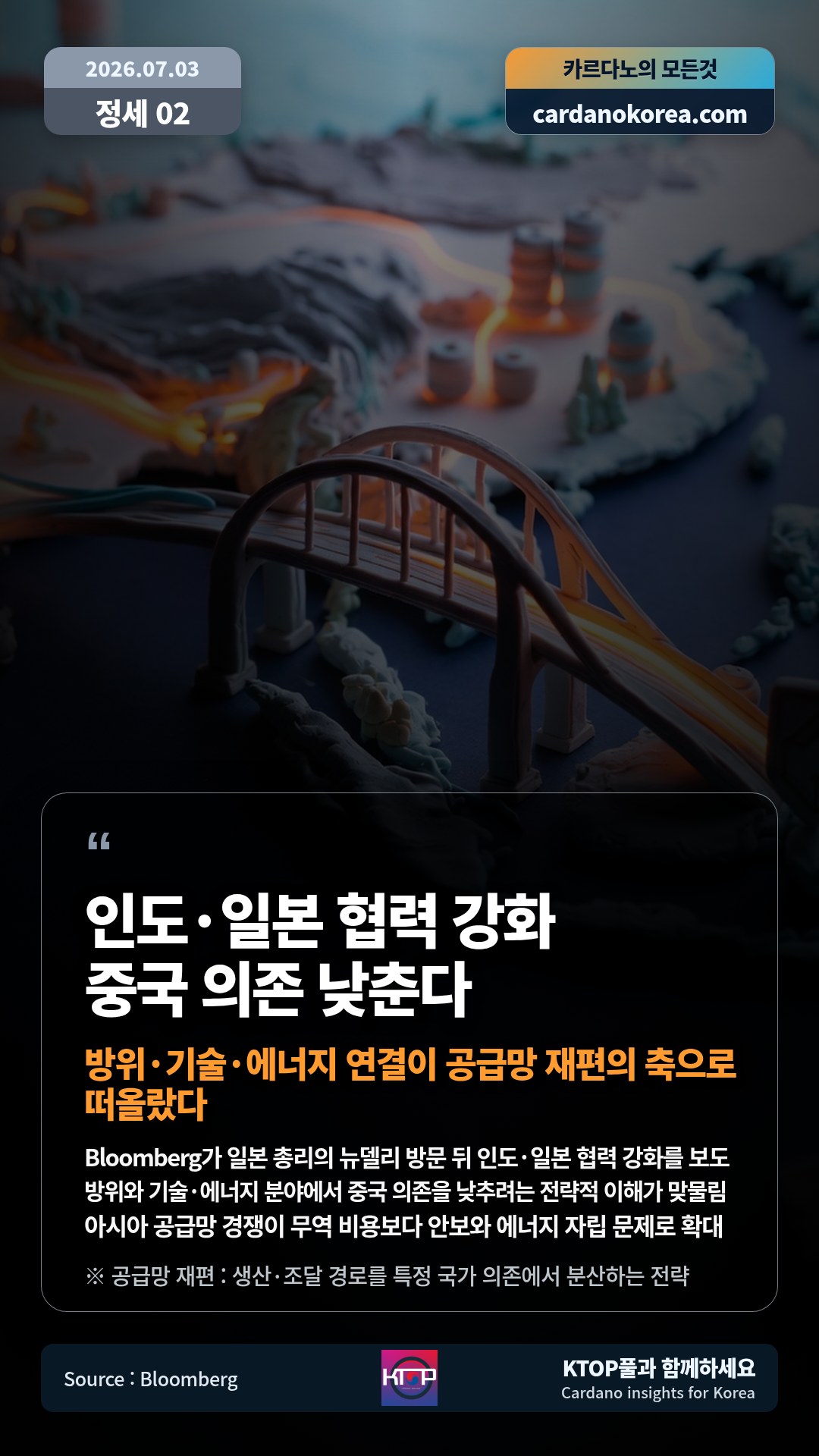 Bloomberg가 일본 총리의 뉴델리 방문 뒤 인도·일본 협력 강화를 보도 — 방위와 기술·에너지 분야에서 중국 의존을 낮추려는 전략적 이해가 맞물림
