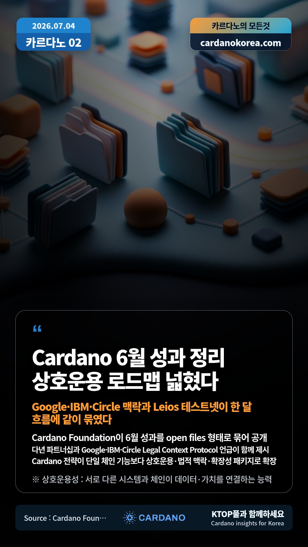 Cardano Foundation이 6월 성과를 open files 형태로 묶어 공개 — 다년 파트너십과 Google·IBM·Circle Legal Context Protocol 언급이 함께 제시