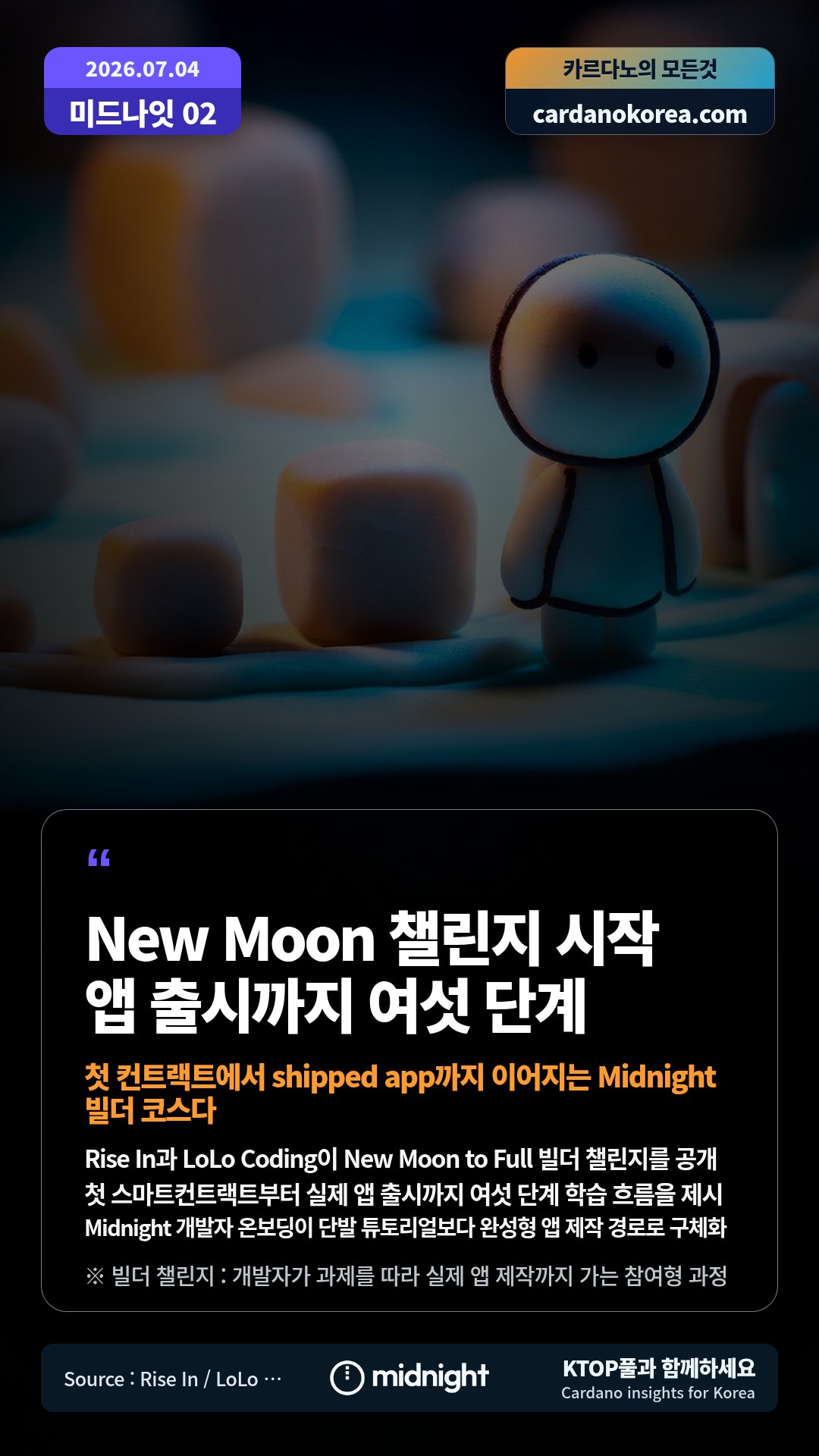 Rise In과 LoLo Coding이 New Moon to Full 빌더 챌린지를 공개 — 첫 스마트컨트랙트부터 실제 앱 출시까지 여섯 단계 학습 흐름을 제시