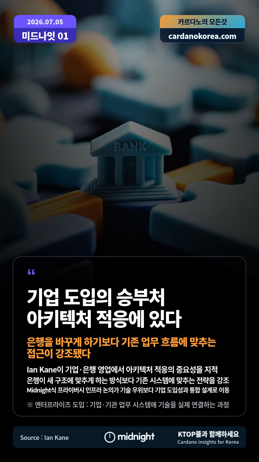 Ian Kane이 기업·은행 영업에서 아키텍처 적응의 중요성을 지적 — 은행이 새 구조에 맞추게 하는 방식보다 기존 시스템에 맞추는 전략을 강조