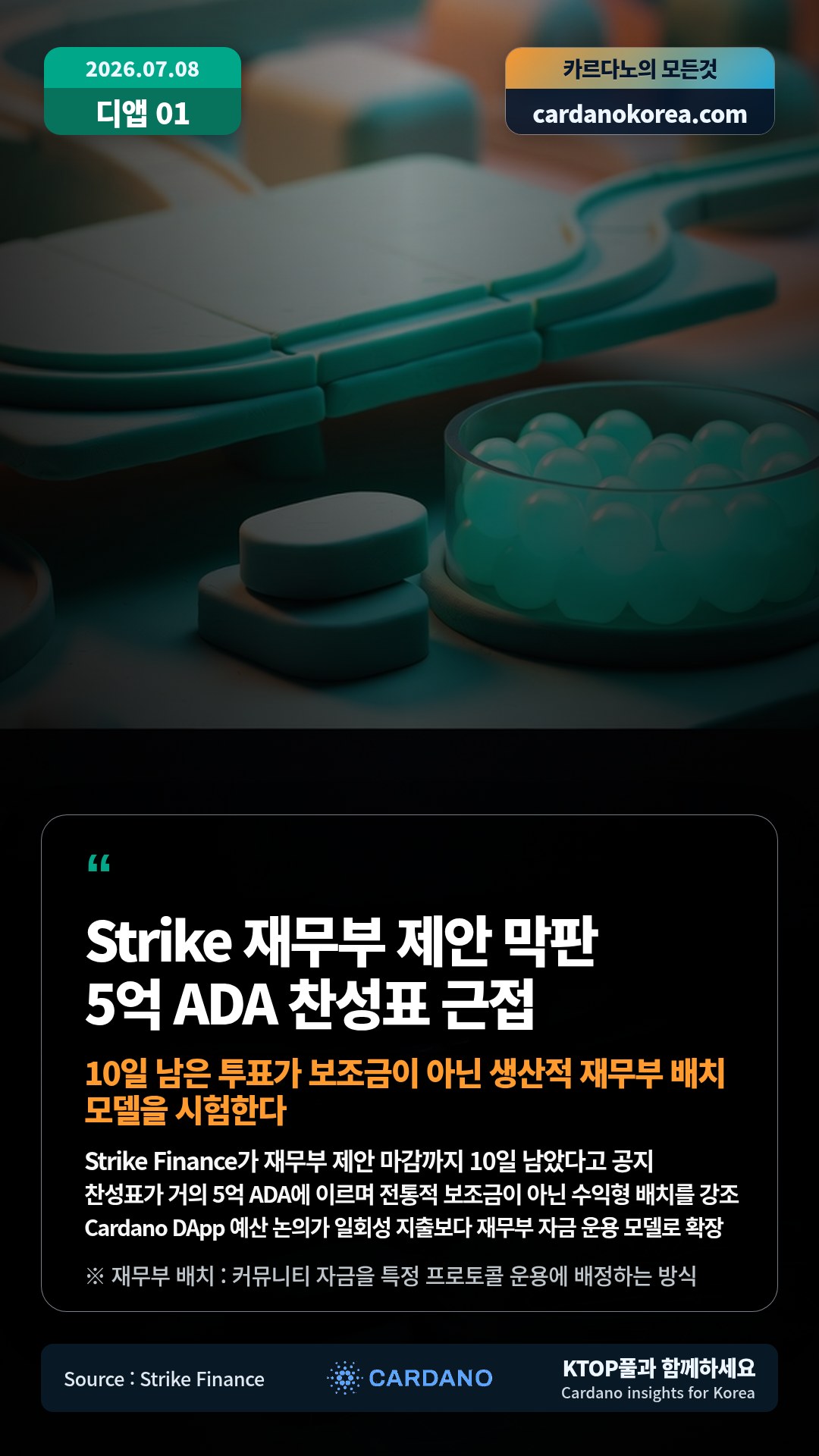 Strike Finance가 재무부 제안 마감까지 10일 남았다고 공지 — 찬성표가 거의 5억 ADA에 이르며 전통적 보조금이 아닌 수익형 배치를 강조