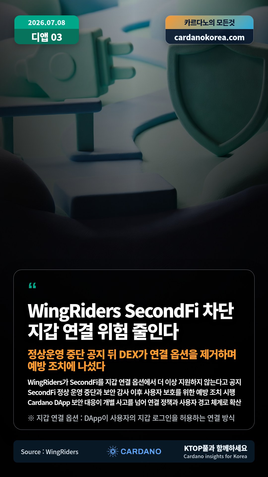 WingRiders가 SecondFi를 지갑 연결 옵션에서 더 이상 지원하지 않는다고 공지 — SecondFi 정상 운영 중단과 보안 감사 이후 사용자 보호를 위한 예방 조치 시행