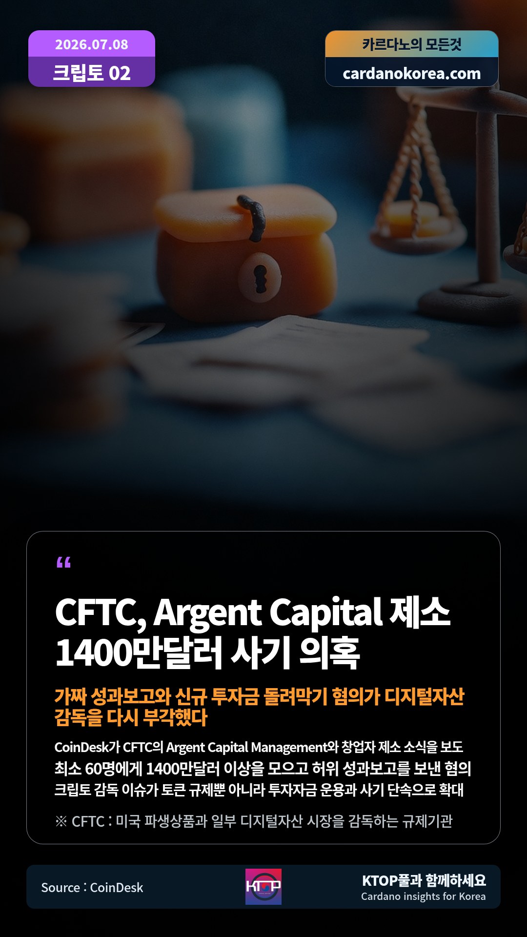 CoinDesk가 CFTC의 Argent Capital Management와 창업자 제소 소식을 보도 — 최소 60명에게 1400만달러 이상을 모으고 허위 성과보고를 보낸 혐의