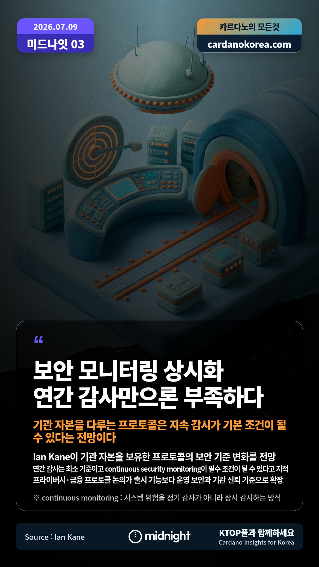 Ian Kane이 기관 자본을 보유한 프로토콜의 보안 기준 변화를 전망 — 연간 감사는 최소 기준이고 continuous security monitoring이 필수 조건이 될 수 있다고 지적