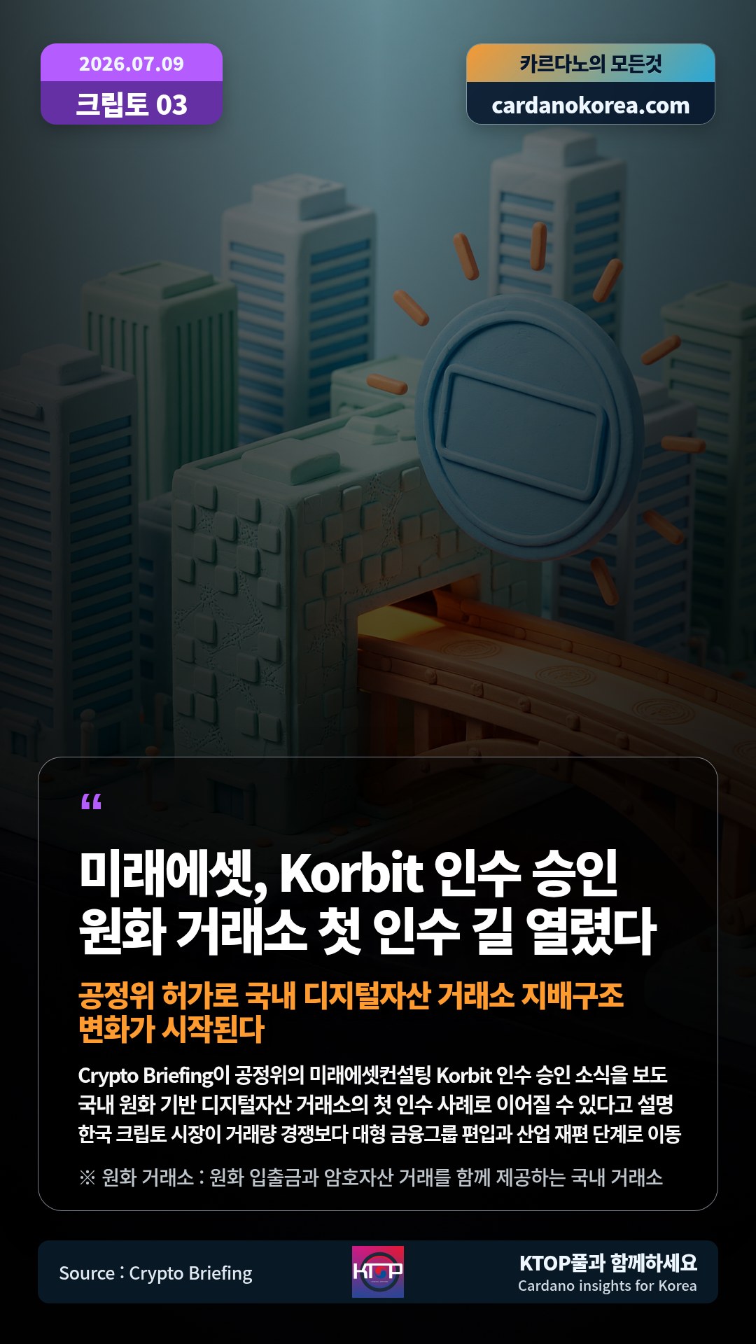 Crypto Briefing이 공정위의 미래에셋컨설팅 Korbit 인수 승인 소식을 보도 — 국내 원화 기반 디지털자산 거래소의 첫 인수 사례로 이어질 수 있다고 설명