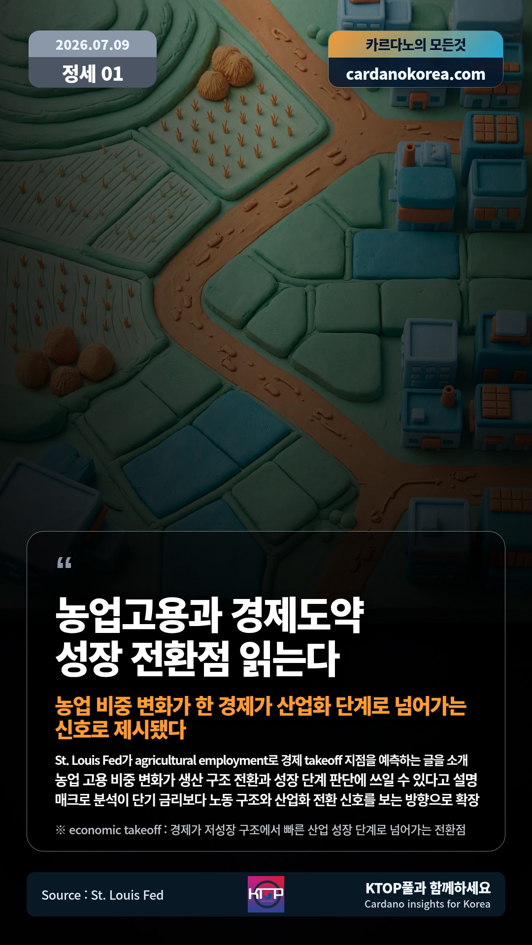 St. Louis Fed가 agricultural employment로 경제 takeoff 지점을 예측하는 글을 소개 — 농업 고용 비중 변화가 생산 구조 전환과 성장 단계 판단에 쓰일 수 있다고 설명