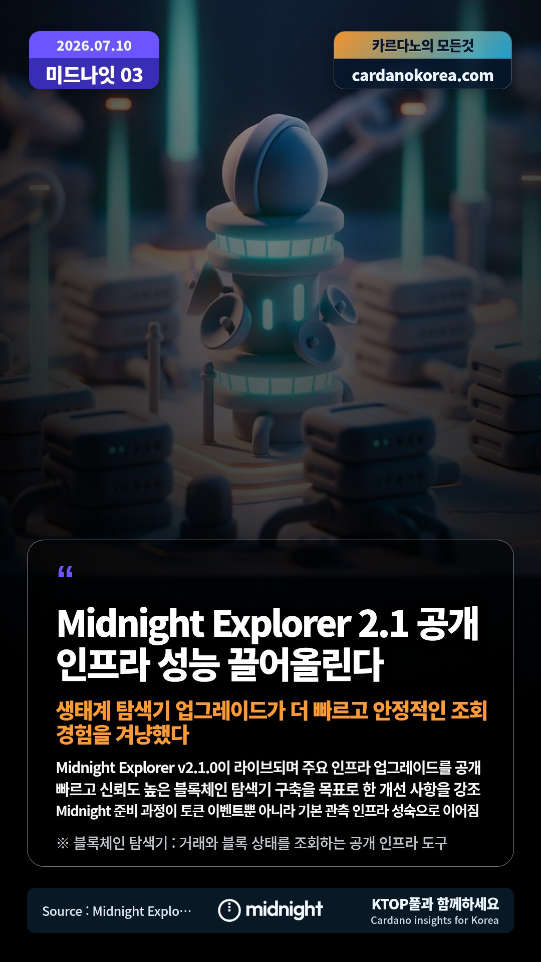 Midnight Explorer v2.1.0이 라이브되며 주요 인프라 업그레이드를 공개 — 빠르고 신뢰도 높은 블록체인 탐색기 구축을 목표로 한 개선 사항을 강조
