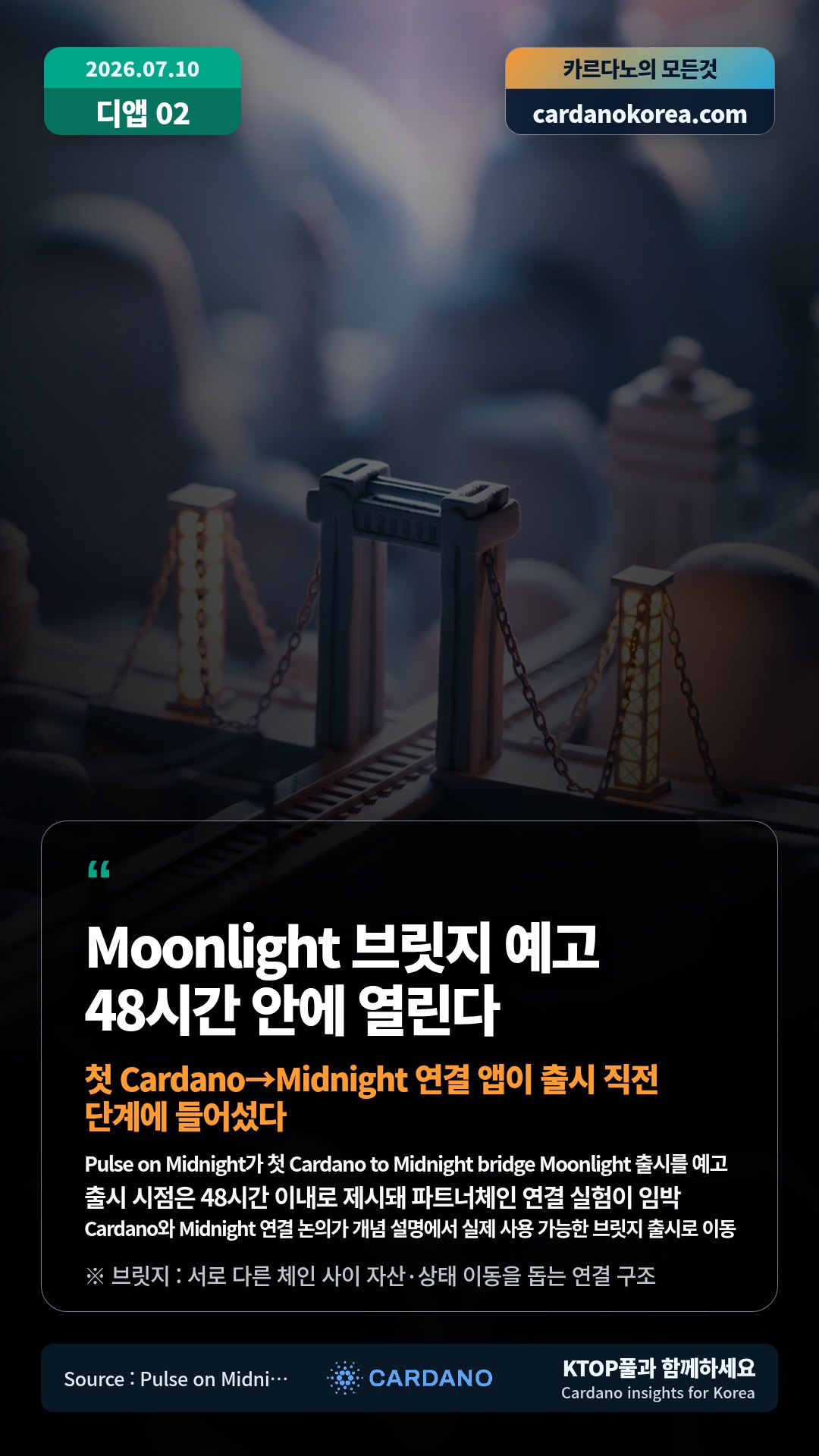 Pulse on Midnight가 첫 Cardano to Midnight bridge Moonlight 출시를 예고 — 출시 시점은 48시간 이내로 제시돼 파트너체인 연결 실험이 임박