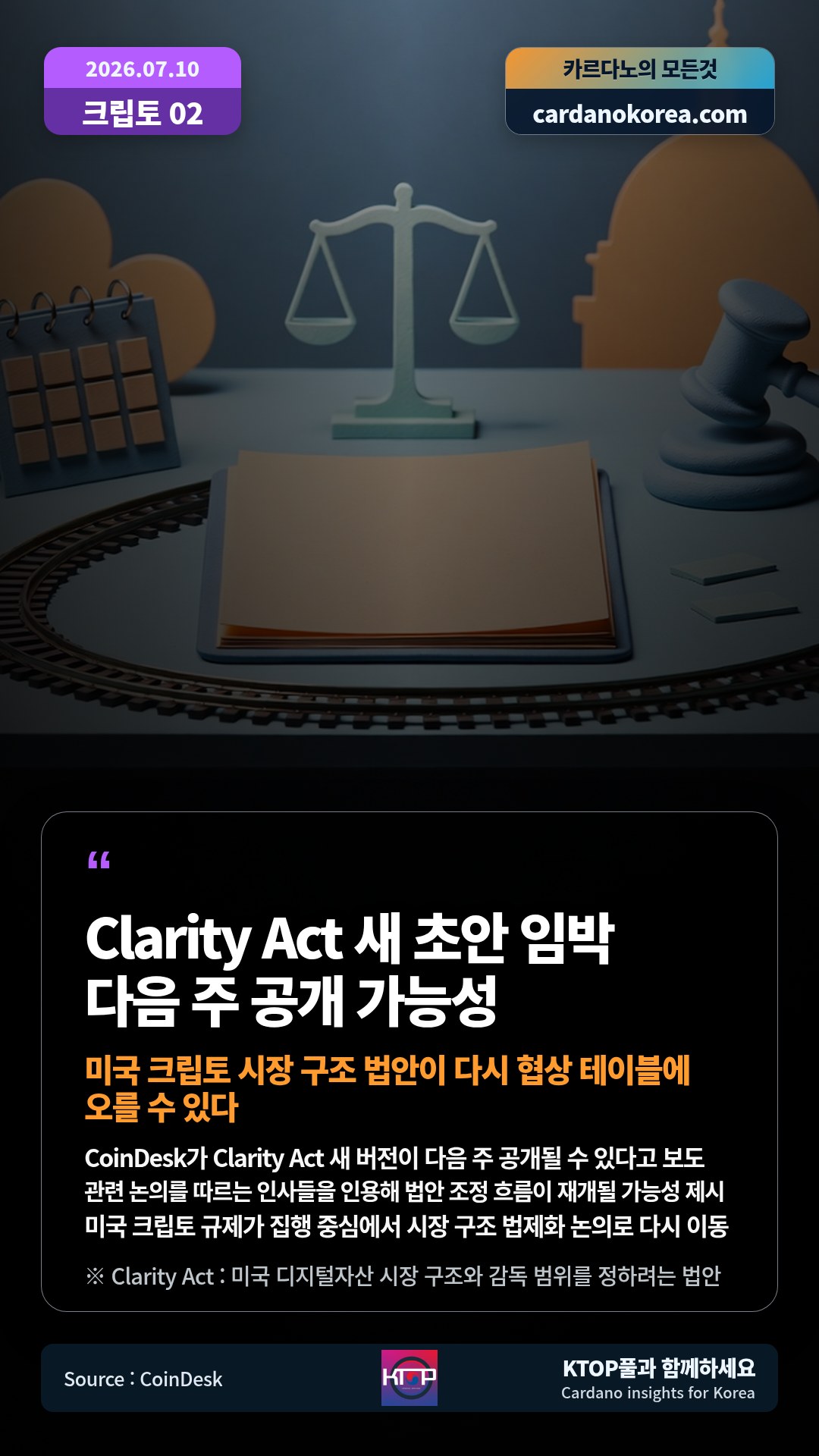 CoinDesk가 Clarity Act 새 버전이 다음 주 공개될 수 있다고 보도 — 관련 논의를 따르는 인사들을 인용해 법안 조정 흐름이 재개될 가능성 제시