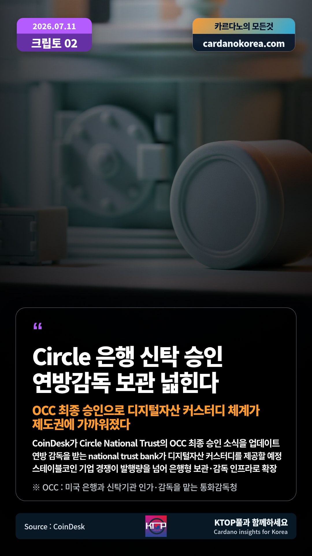 CoinDesk가 Circle National Trust의 OCC 최종 승인 소식을 업데이트 — 연방 감독을 받는 national trust bank가 디지털자산 커스터디를 제공할 예정