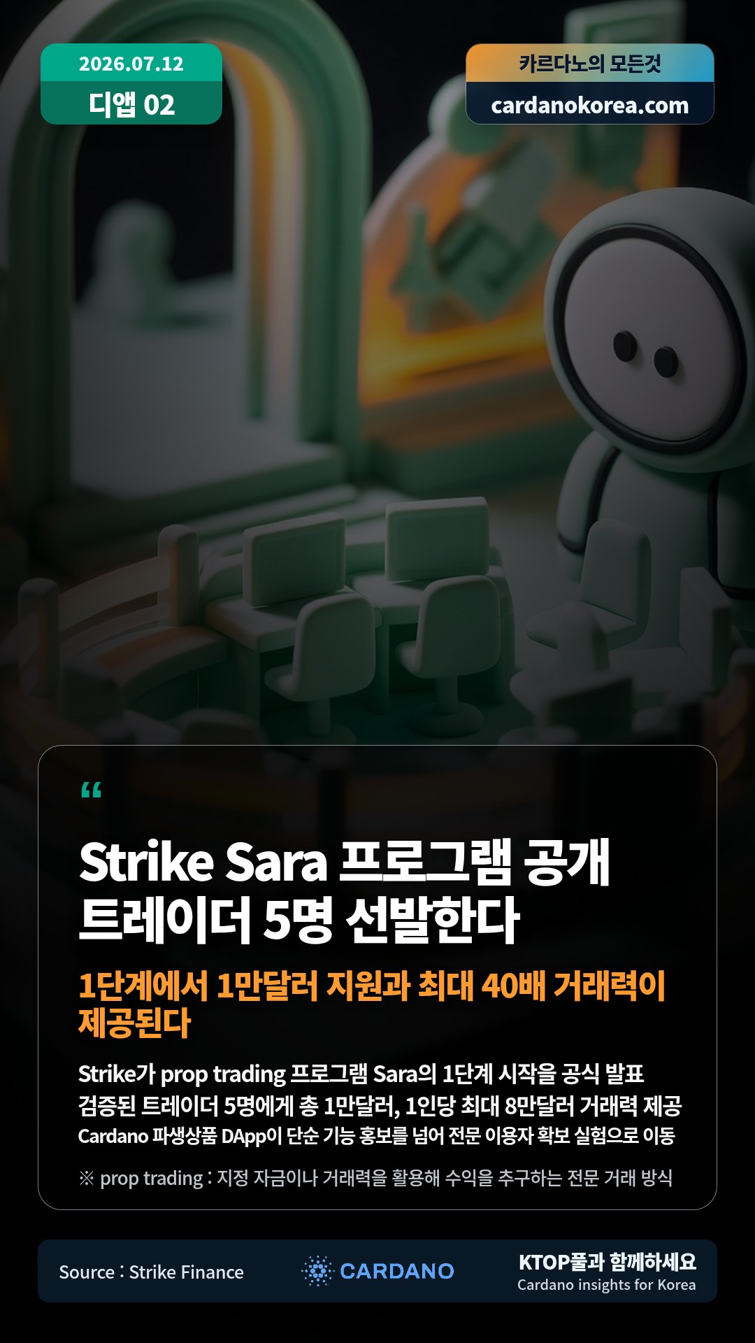 Strike가 prop trading 프로그램 Sara의 1단계 시작을 공식 발표 — 검증된 트레이더 5명에게 총 1만달러, 1인당 최대 8만달러 거래력 제공