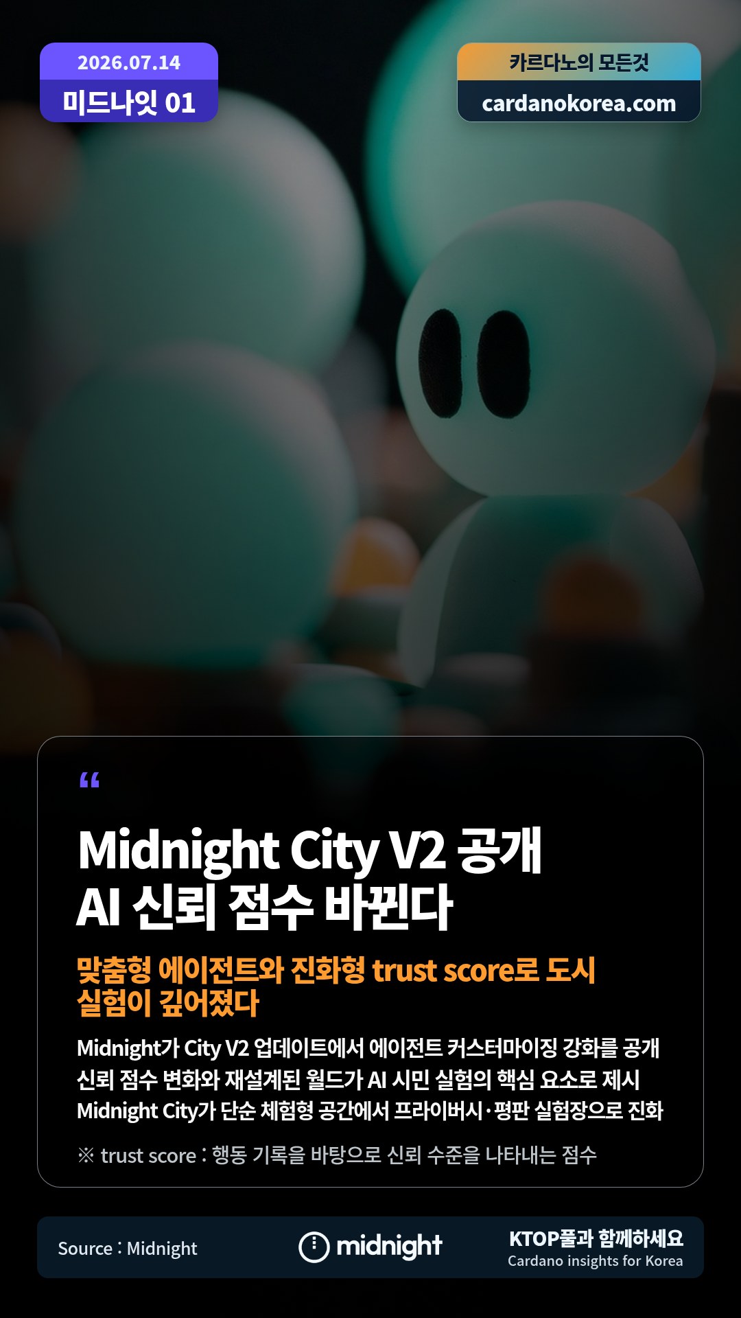 Midnight가 City V2 업데이트에서 에이전트 커스터마이징 강화를 공개 — 신뢰 점수 변화와 재설계된 월드가 AI 시민 실험의 핵심 요소로 제시