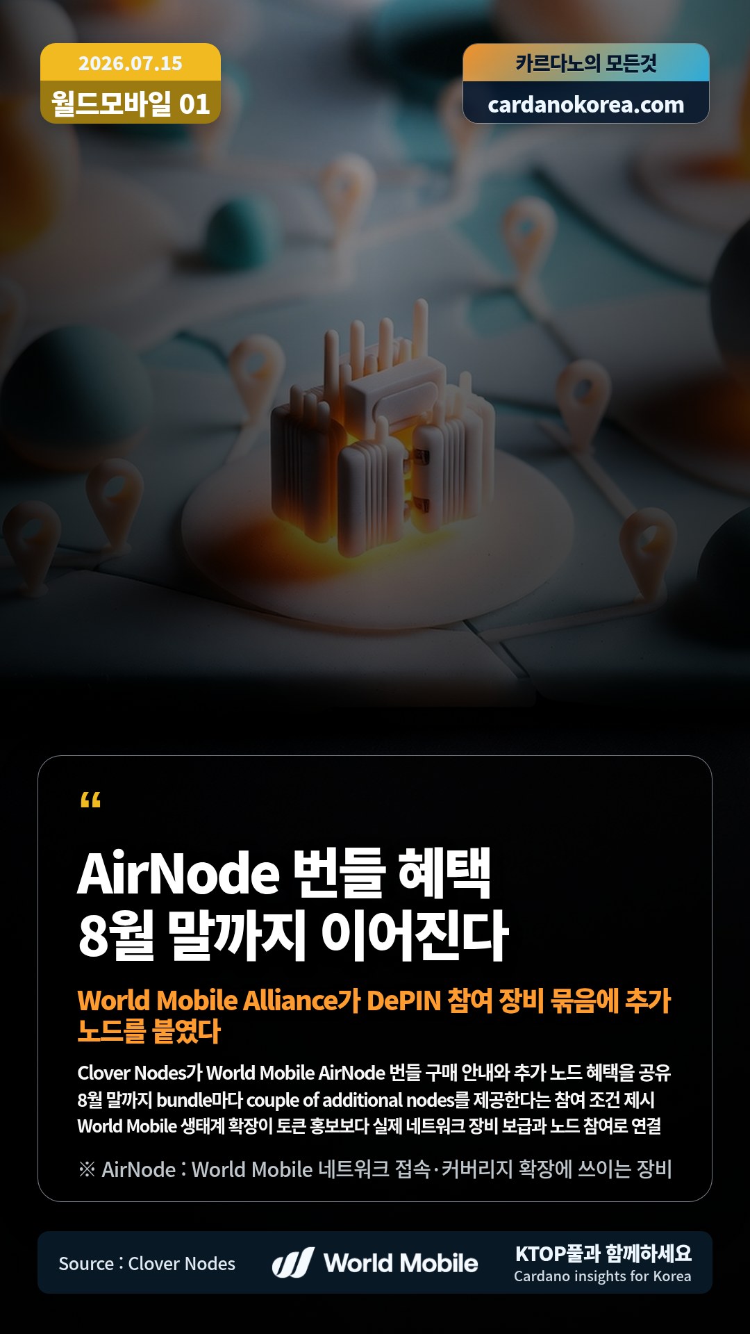 Clover Nodes가 World Mobile AirNode 번들 구매 안내와 추가 노드 혜택을 공유 — 8월 말까지 bundle마다 couple of additional nodes를 제공한다는 참여 조건 제시