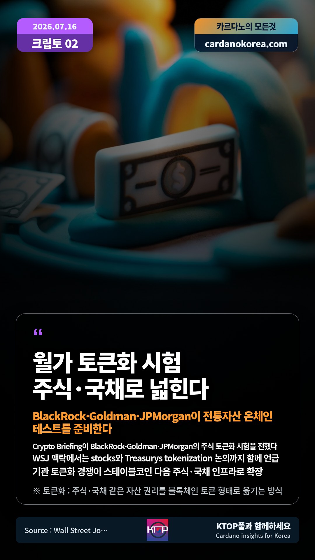 Crypto Briefing이 BlackRock·Goldman·JPMorgan의 주식 토큰화 시험을 전했다 — WSJ 맥락에서는 stocks와 Treasurys tokenization 논의까지 함께 언급