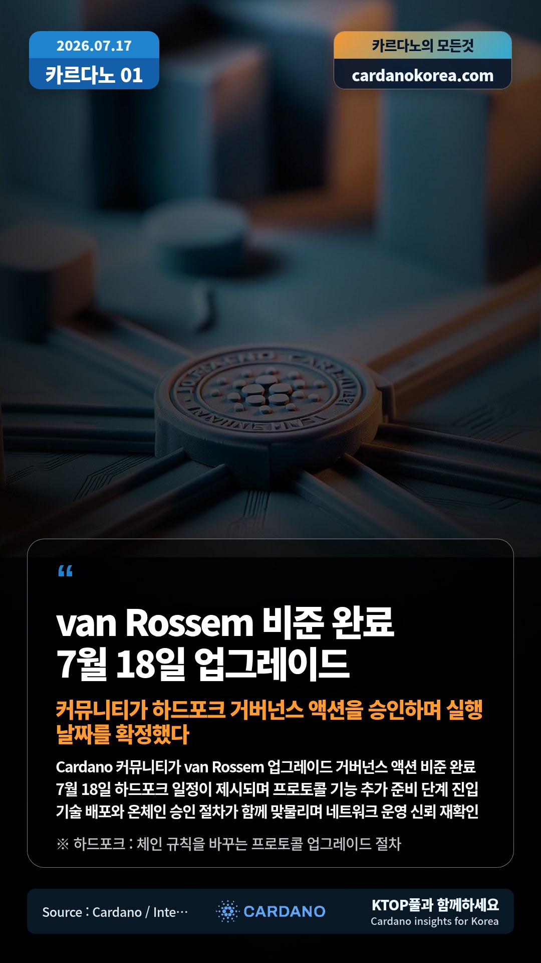 Cardano 커뮤니티가 van Rossem 업그레이드 거버넌스 액션 비준 완료 — 7월 18일 하드포크 일정이 제시되며 프로토콜 기능 추가 준비 단계 진입