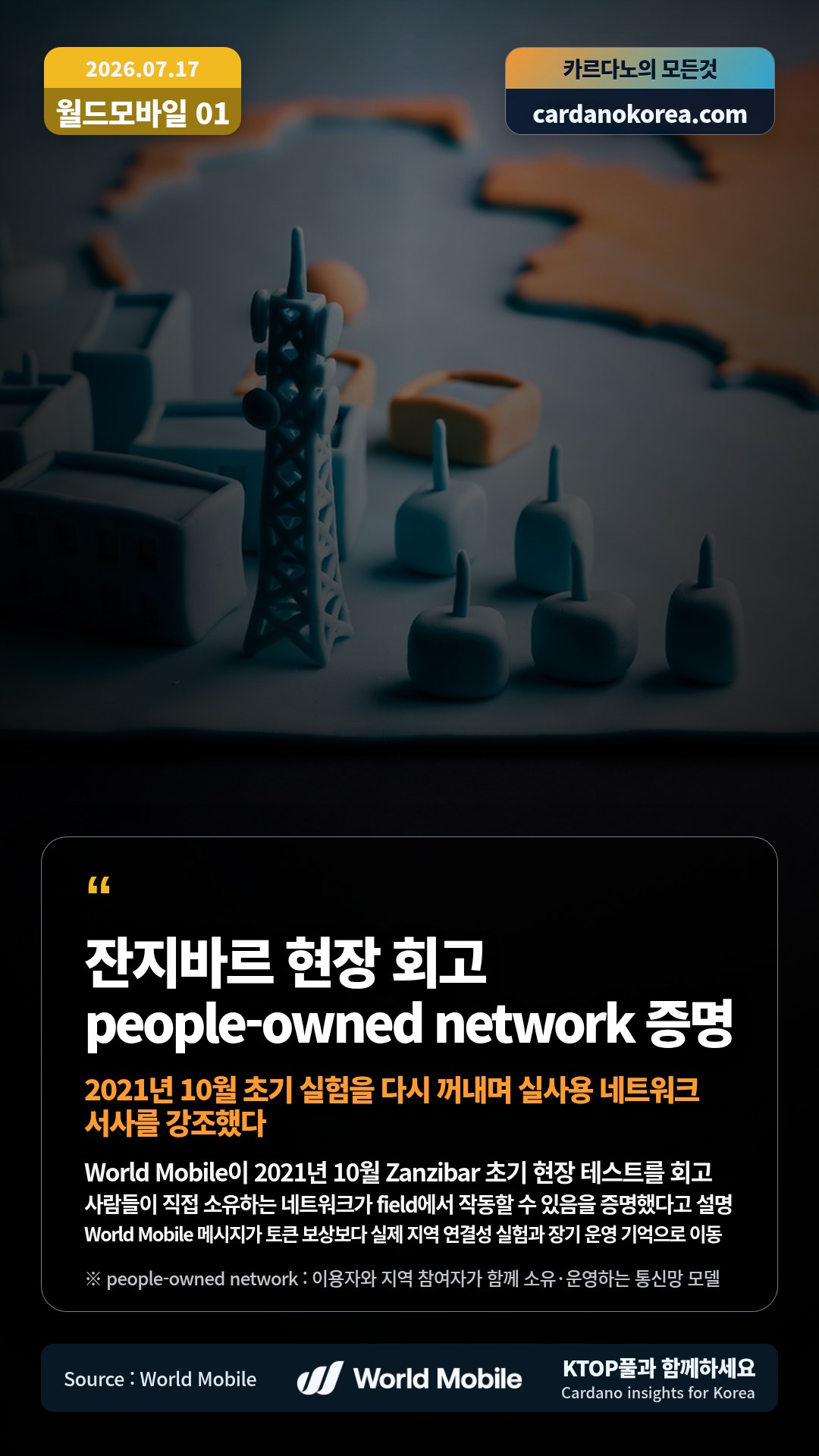 World Mobile이 2021년 10월 Zanzibar 초기 현장 테스트를 회고 — 사람들이 직접 소유하는 네트워크가 field에서 작동할 수 있음을 증명했다고 설명