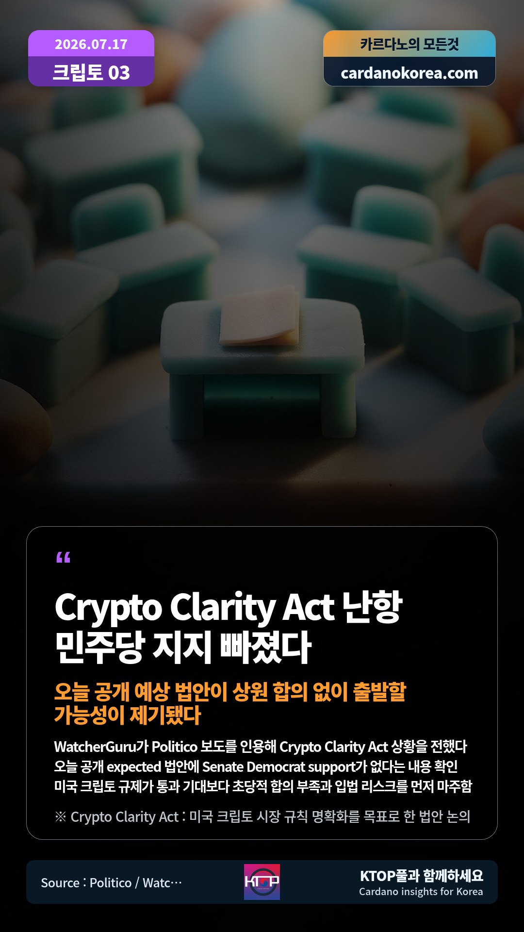 WatcherGuru가 Politico 보도를 인용해 Crypto Clarity Act 상황을 전했다 — 오늘 공개 expected 법안에 Senate Democrat support가 없다는 내용 확인