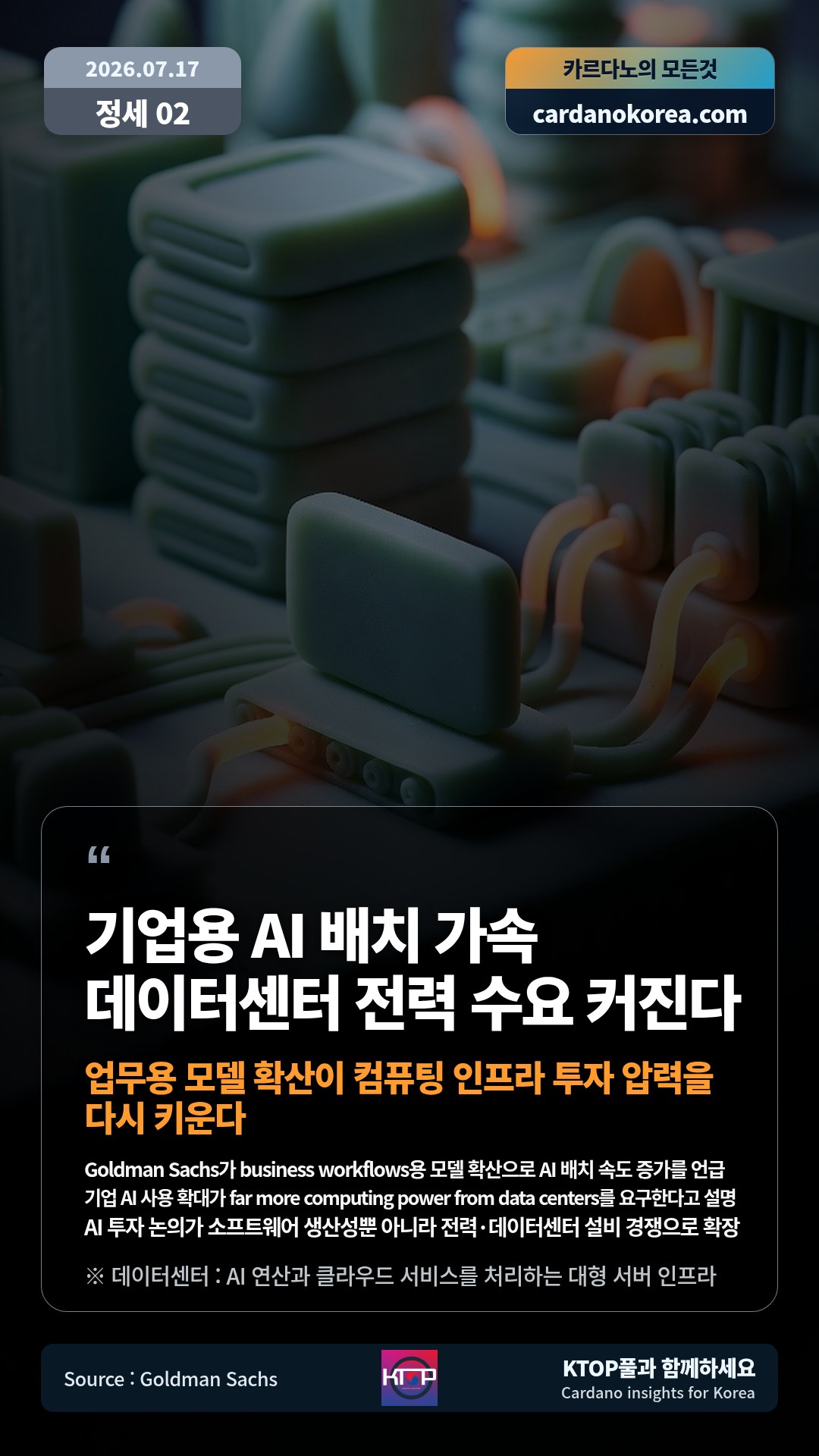 Goldman Sachs가 business workflows용 모델 확산으로 AI 배치 속도 증가를 언급 — 기업 AI 사용 확대가 far more computing power from data centers를 요구한다고 설명