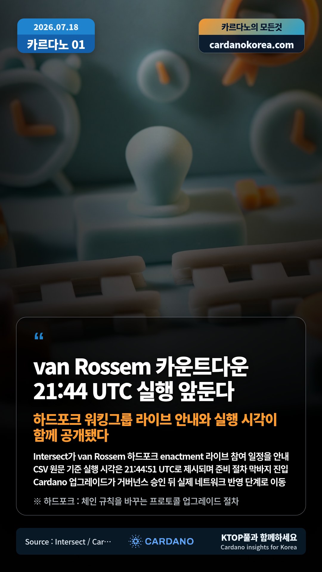 Intersect가 van Rossem 하드포크 enactment 라이브 참여 일정을 안내 — CSV 원문 기준 실행 시각은 21:44:51 UTC로 제시되며 준비 절차 막바지 진입