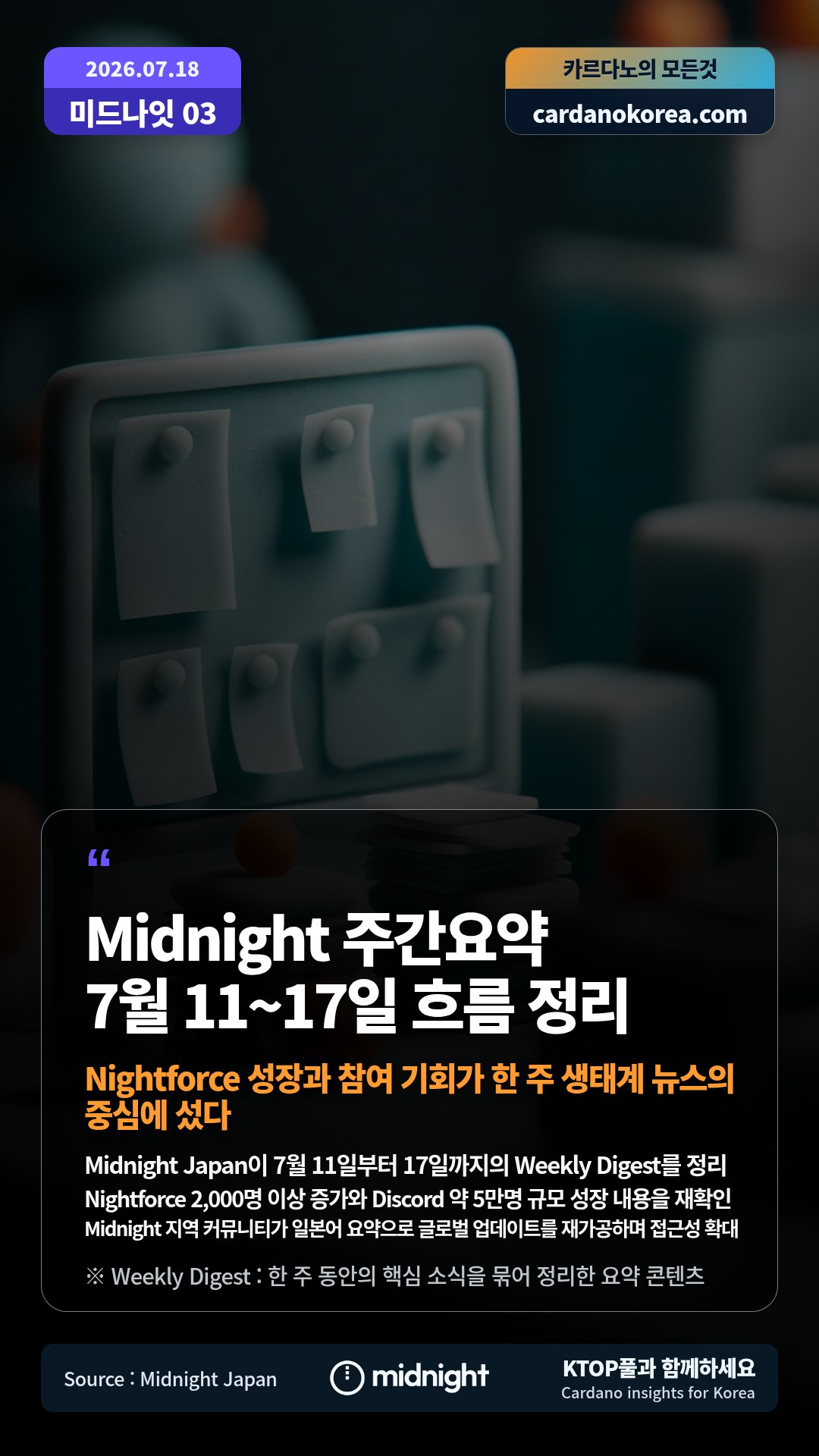 Midnight Japan이 7월 11일부터 17일까지의 Weekly Digest를 정리 — Nightforce 2,000명 이상 증가와 Discord 약 5만명 규모 성장 내용을 재확인