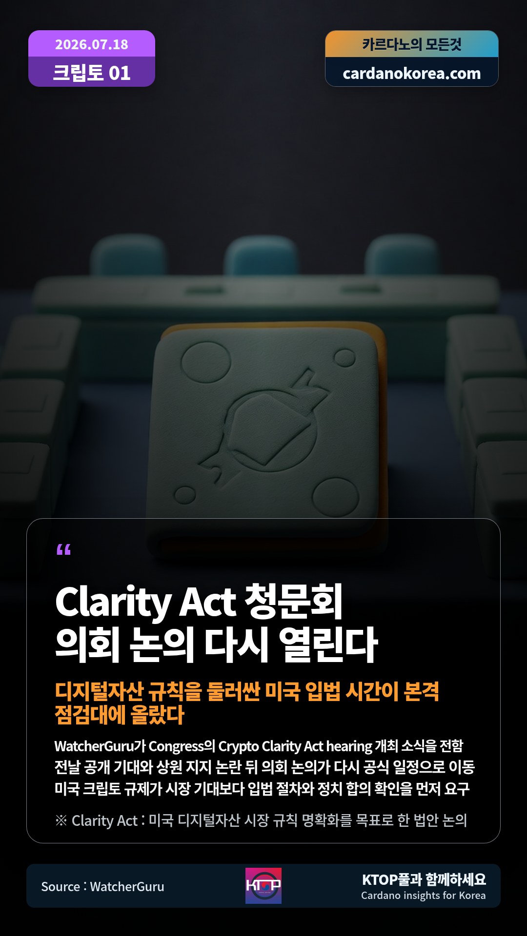 WatcherGuru가 Congress의 Crypto Clarity Act hearing 개최 소식을 전함 — 전날 공개 기대와 상원 지지 논란 뒤 의회 논의가 다시 공식 일정으로 이동