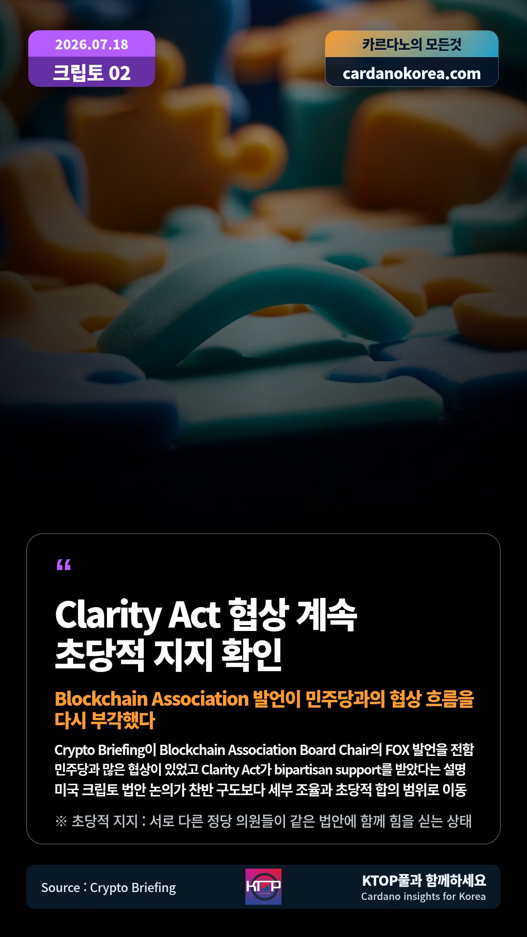 Crypto Briefing이 Blockchain Association Board Chair의 FOX 발언을 전함 — 민주당과 많은 협상이 있었고 Clarity Act가 bipartisan support를 받았다는 설명